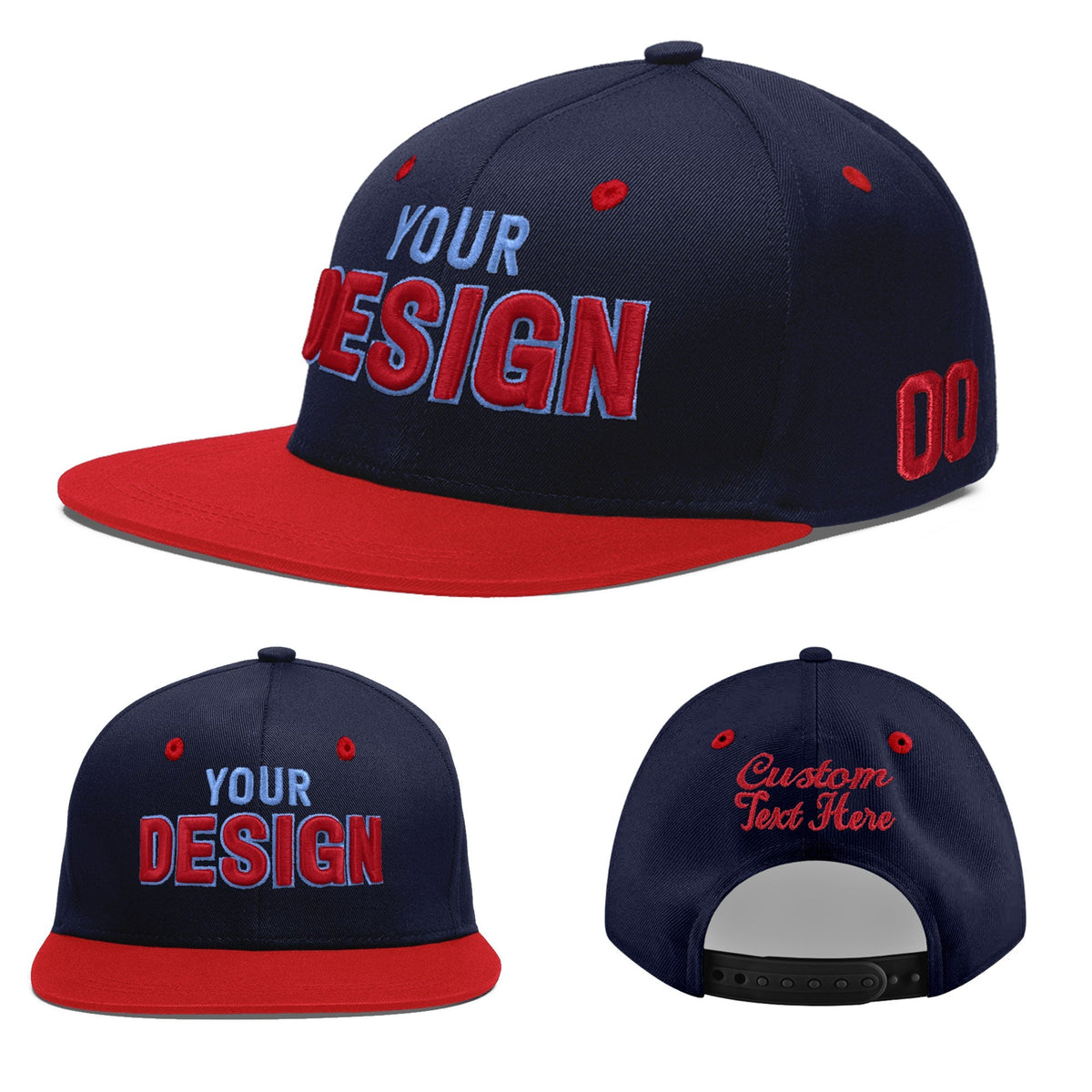 Custom Navy Red 3D Puff Embroidery Flat Embroidery Casual Sport Baseball Cap