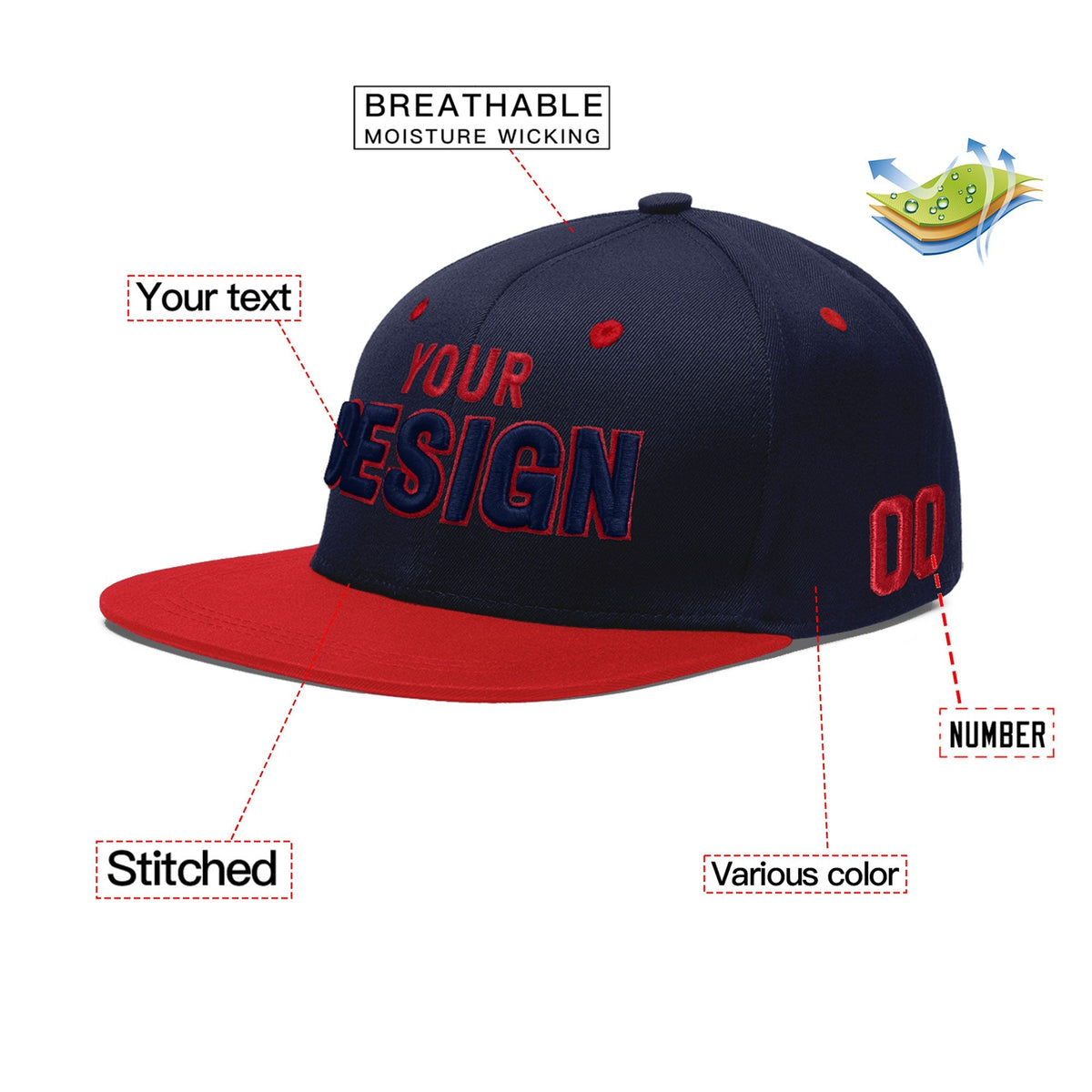 Custom Navy Red 3D Puff Embroidery Flat Embroidery Casual Sport Baseball Cap