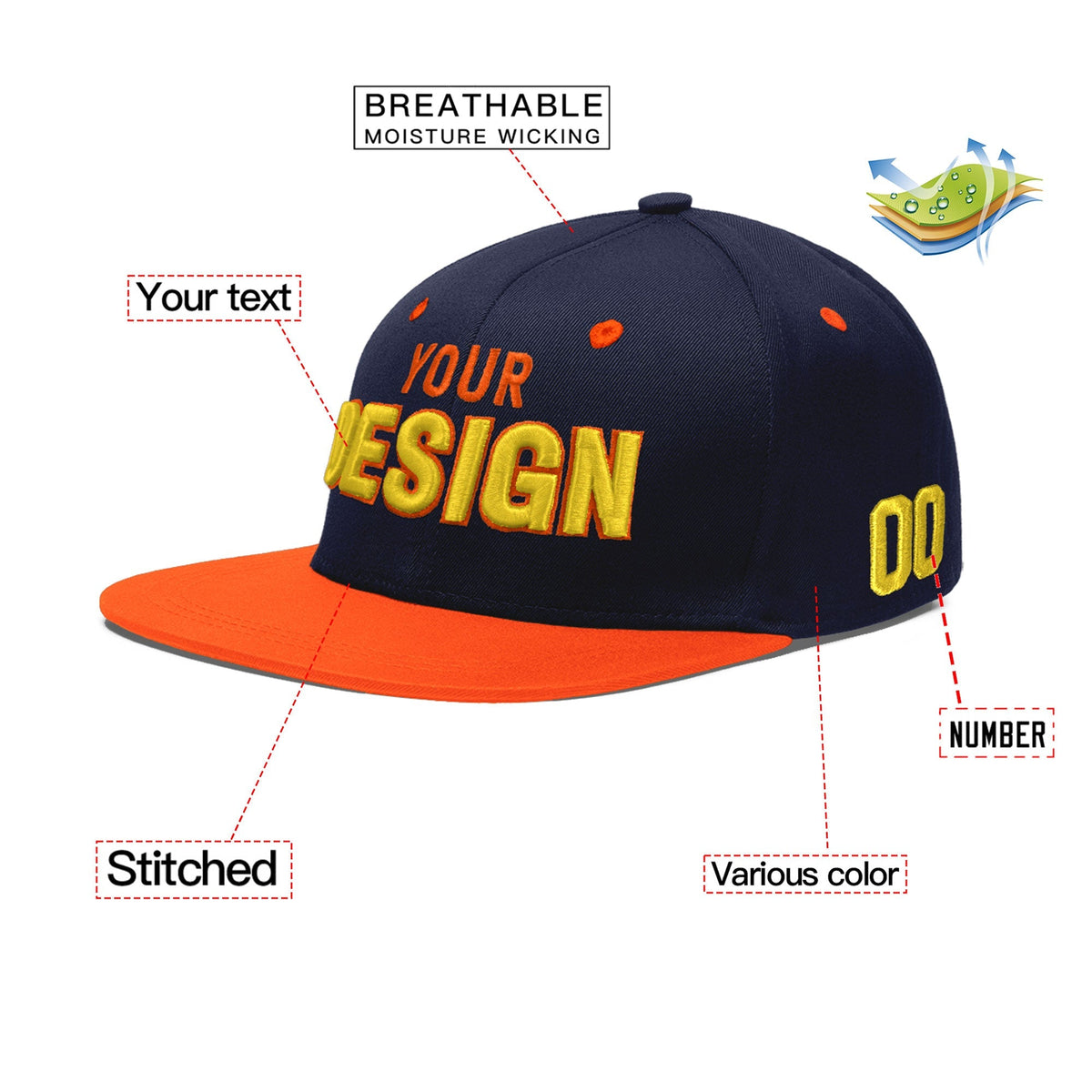Custom Navy Orange 3D Puff Embroidery Flat Embroidery Casual Sport Baseball Cap