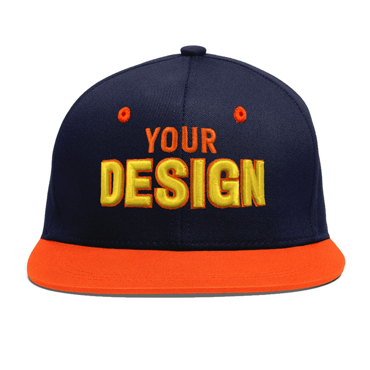 Custom Navy Orange 3D Puff Embroidery Flat Embroidery Casual Sport Baseball Cap