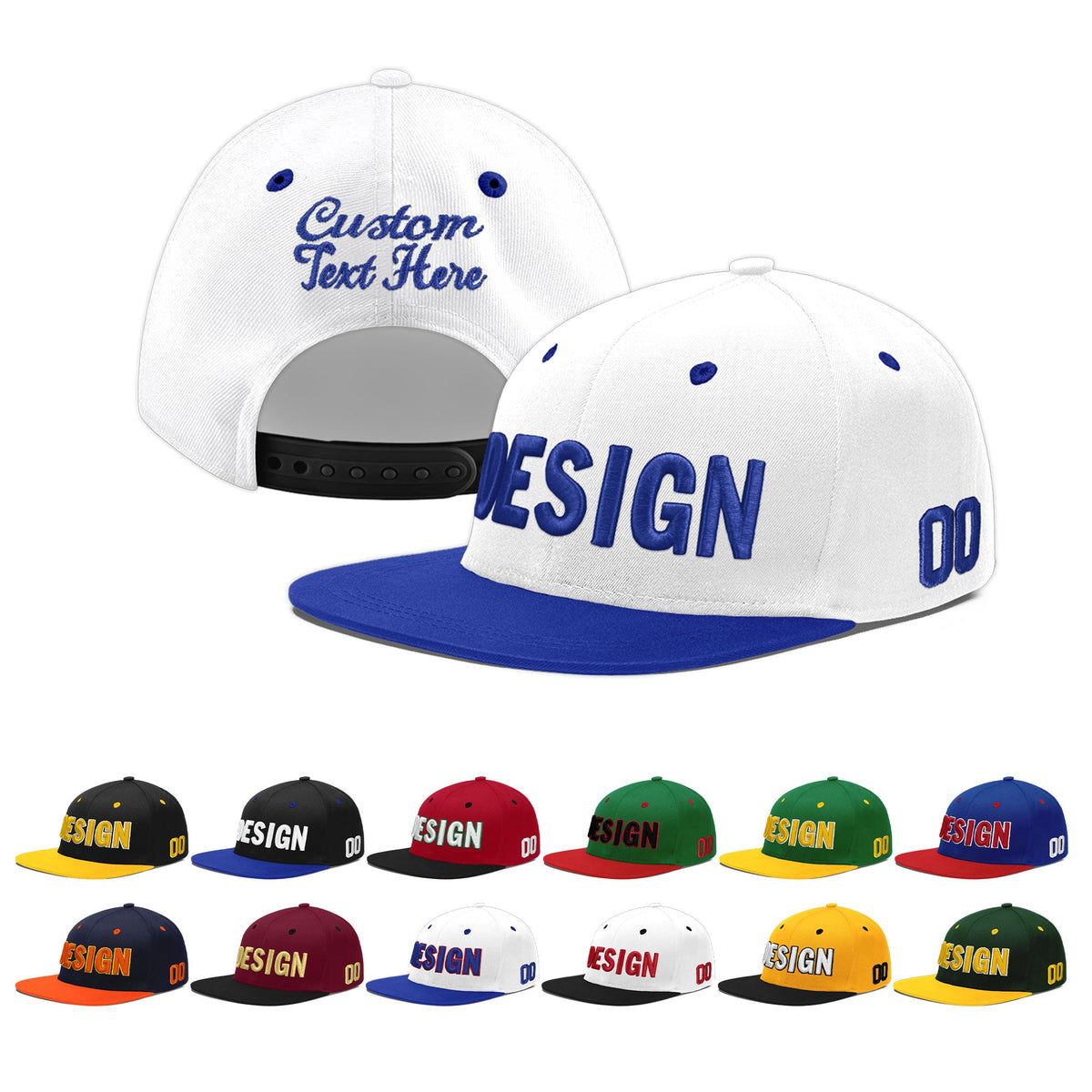 Custom White Royal Blue 3D Puff Embroidery Flat Embroidery Casual Sport Baseball Cap