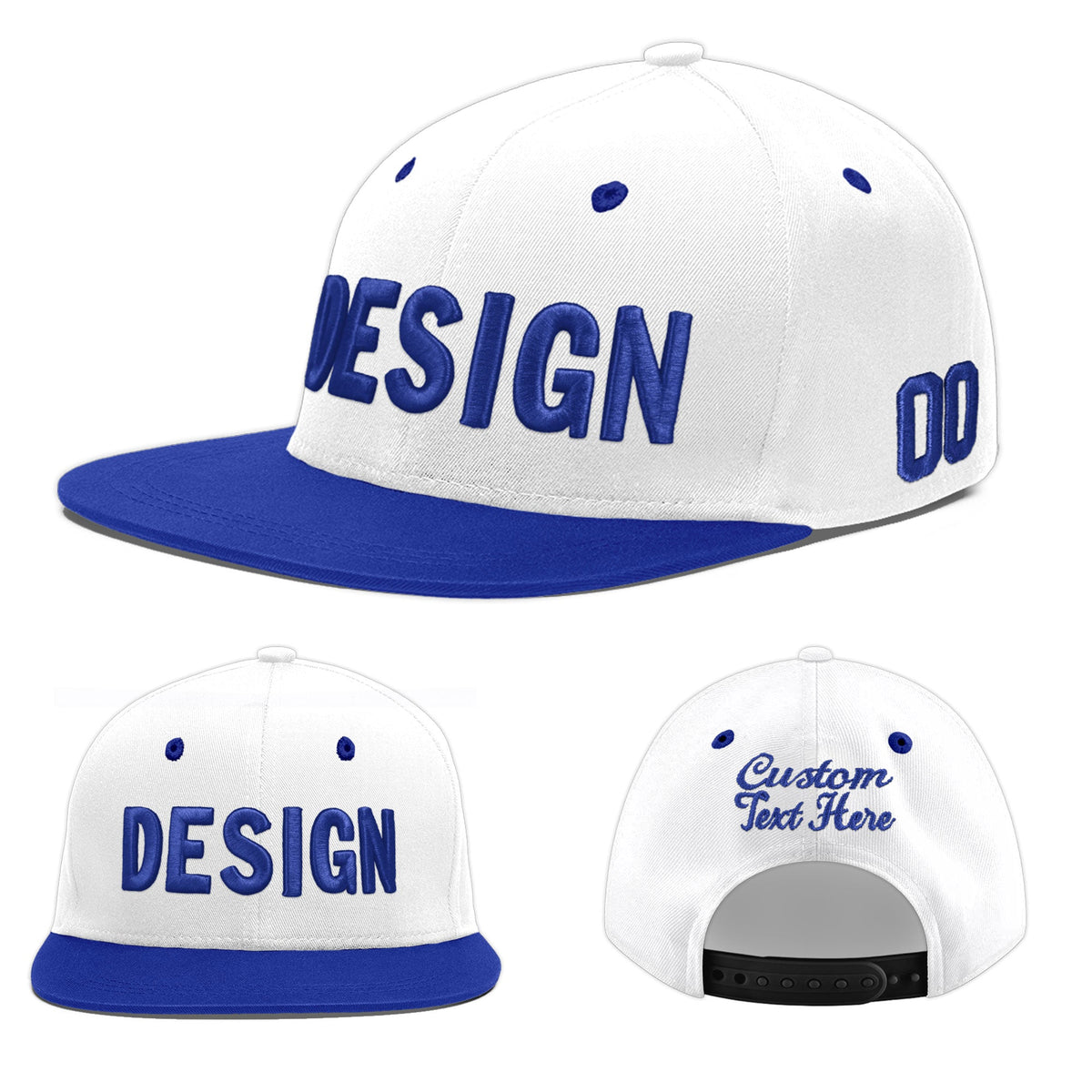 Custom White Royal Blue 3D Puff Embroidery Flat Embroidery Casual Sport Baseball Cap
