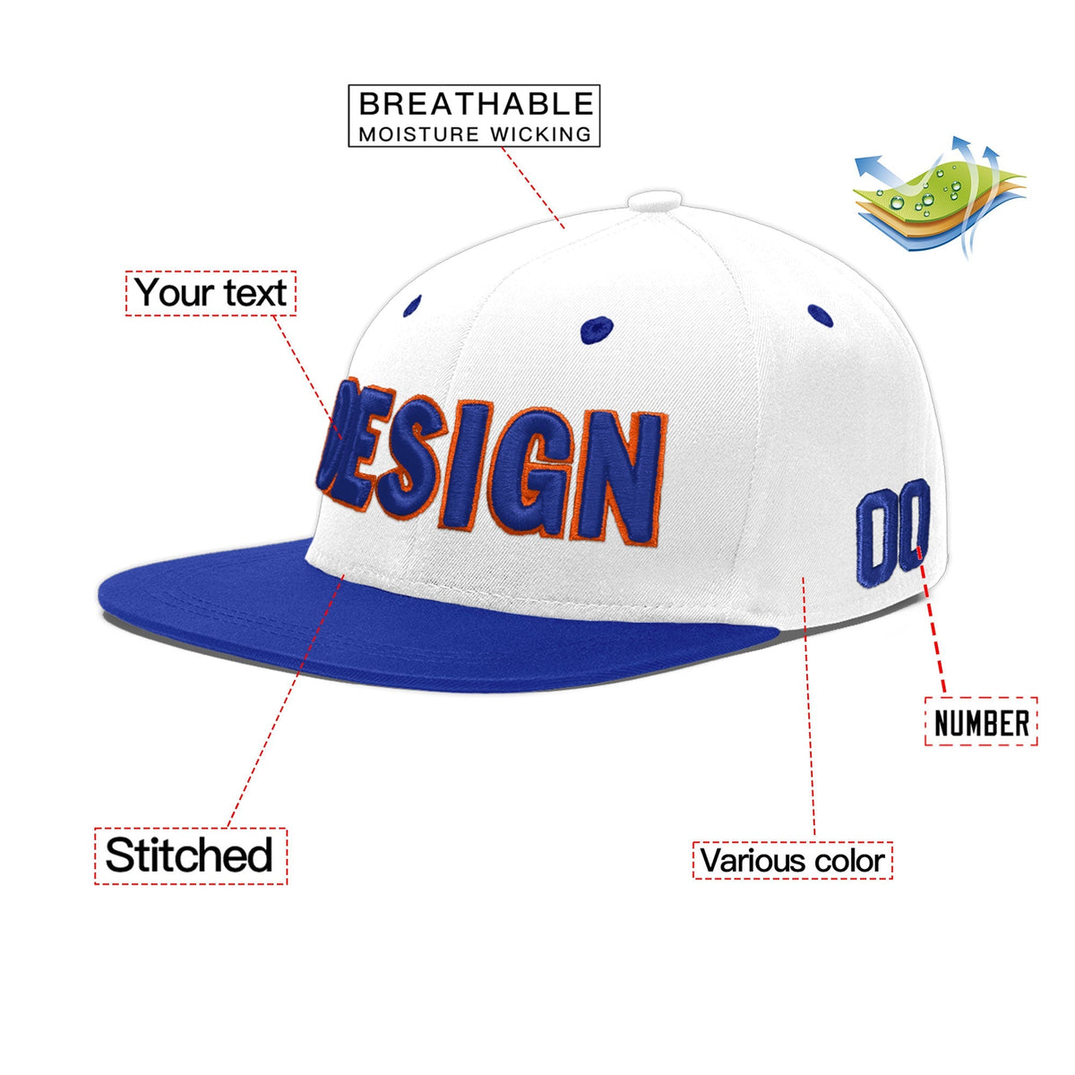 Custom White Royal Blue 3D Puff Embroidery Flat Embroidery Casual Sport Baseball Cap