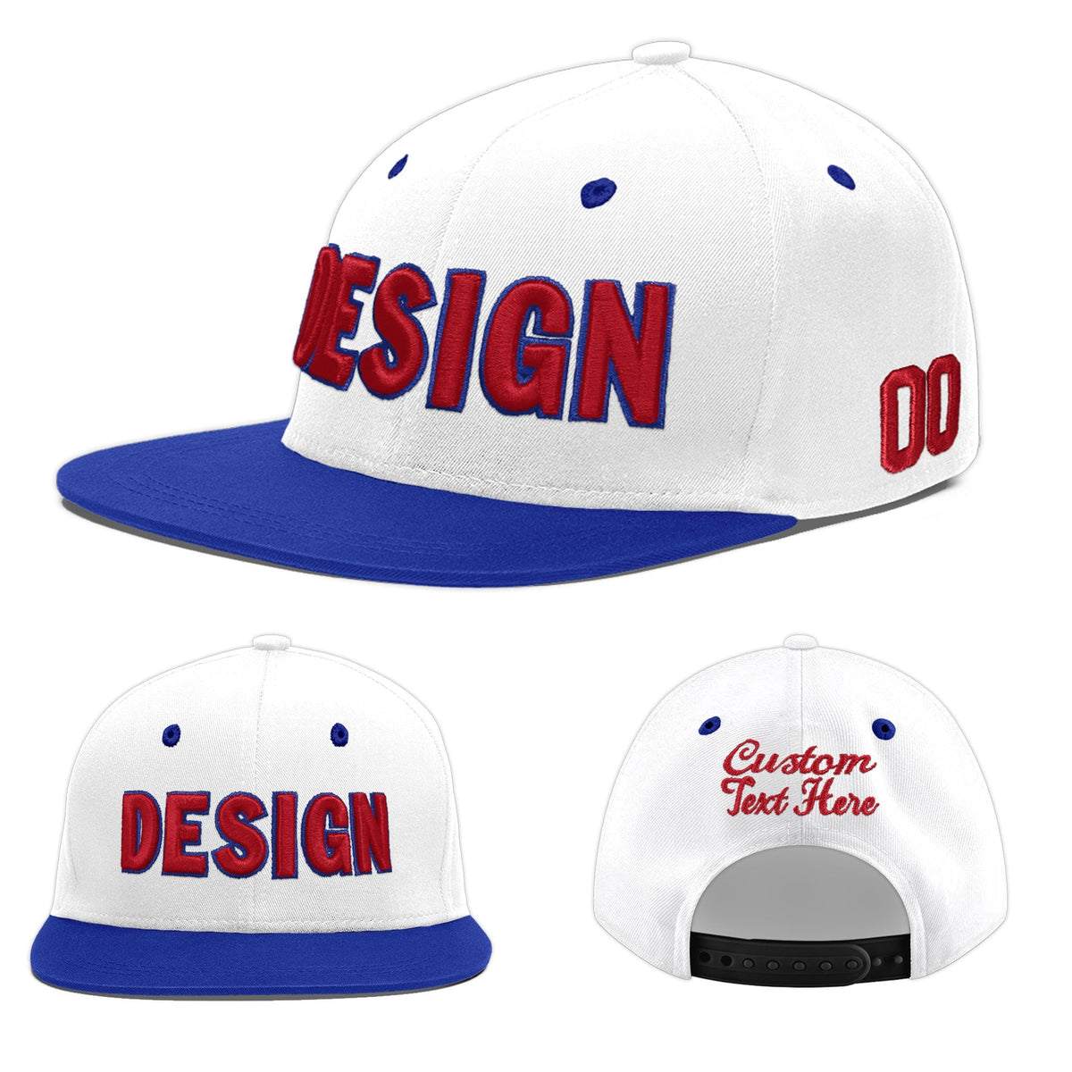 Custom White Royal Blue 3D Puff Embroidery Flat Embroidery Casual Sport Baseball Cap