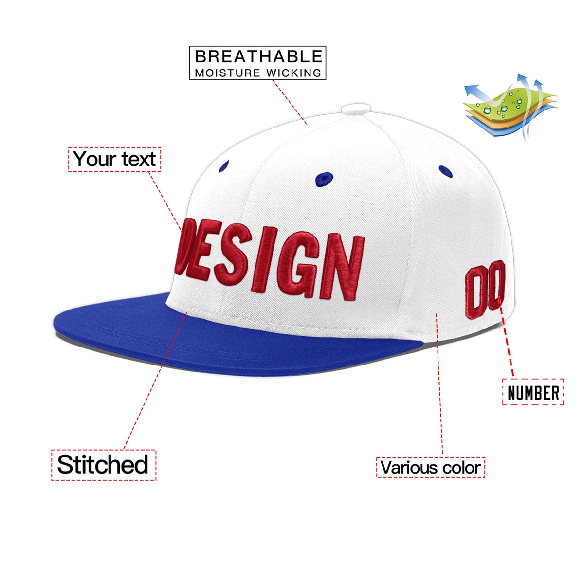 Custom White Royal Blue 53D Puff Embroidery Flat Embroidery Casual Sport Baseball Cap