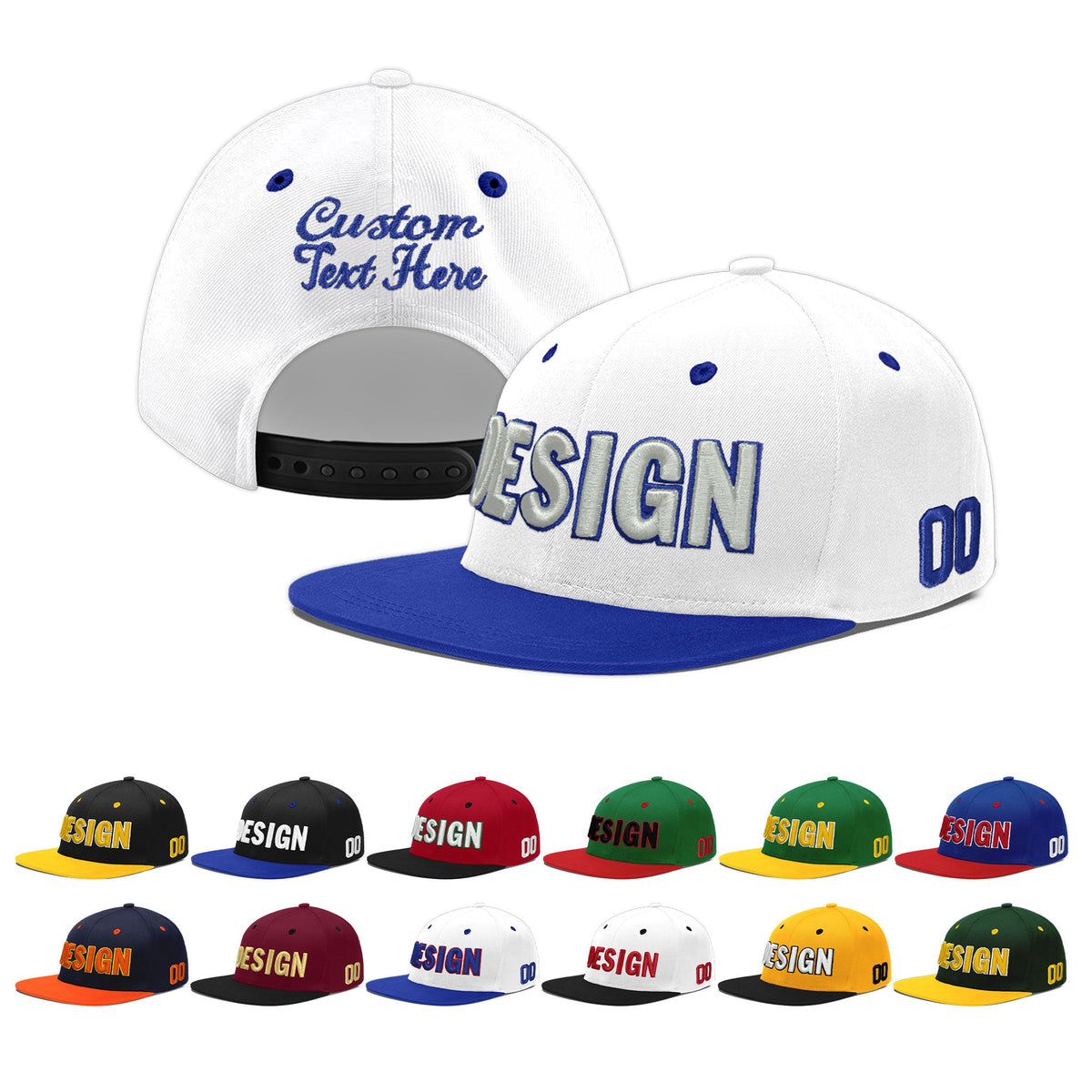 Custom White Royal Blue 59D Puff Embroidery Flat Embroidery Casual Sport Baseball Cap