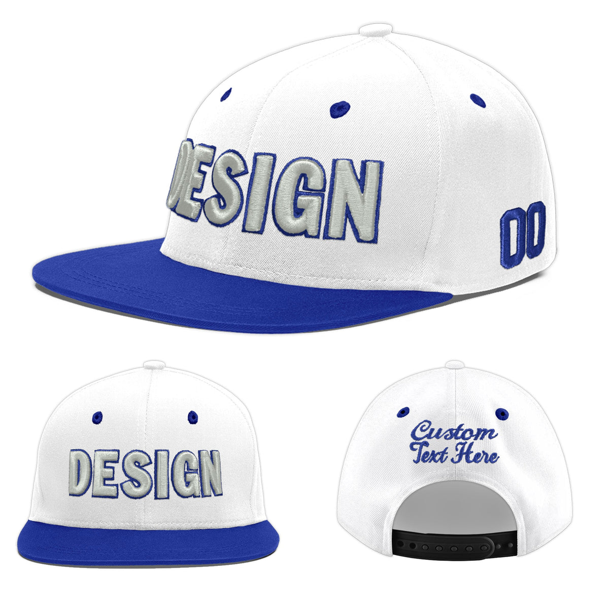 Custom White Royal Blue 60D Puff Embroidery Flat Embroidery Casual Sport Baseball Cap