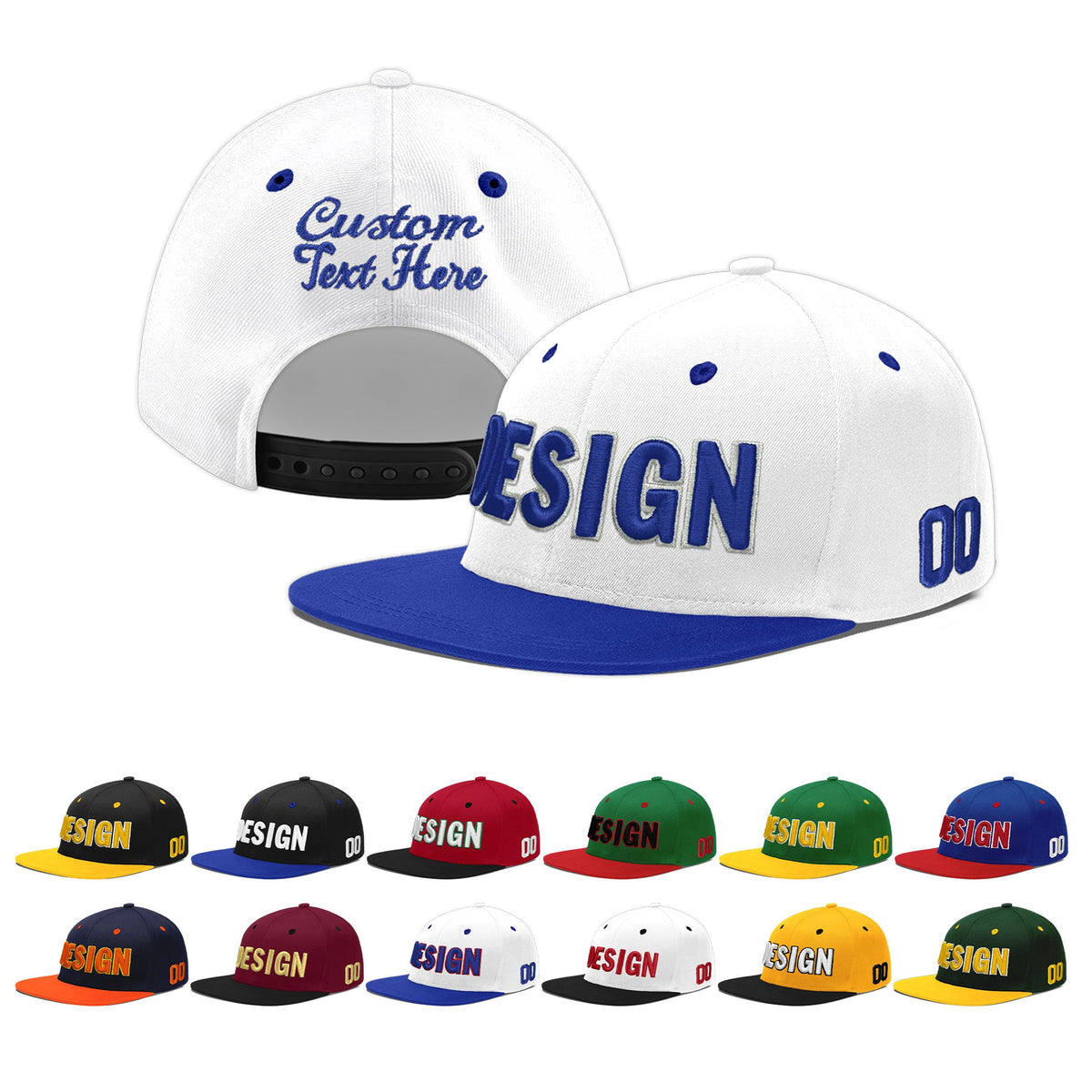 Custom White Royal Blue 67D Puff Embroidery Flat Embroidery Casual Sport Baseball Cap
