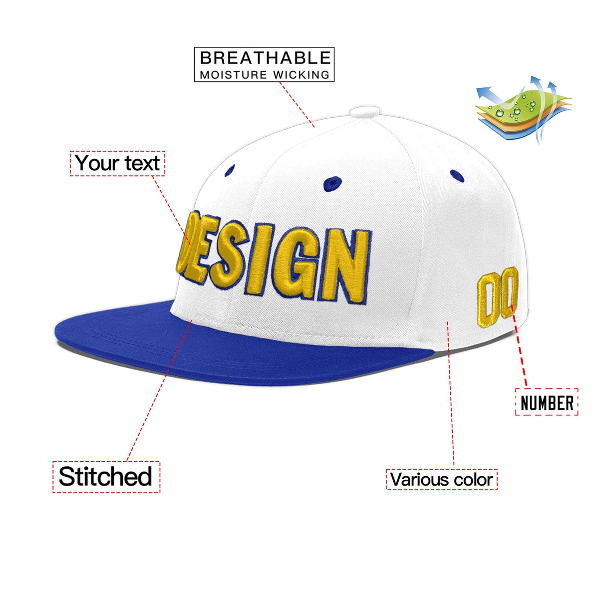Custom White Royal Blue 61D Puff Embroidery Flat Embroidery Casual Sport Baseball Cap