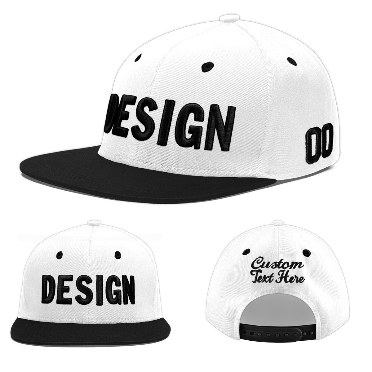 Custom White Black 3D Puff Embroidery Flat Embroidery Casual Sport Baseball Cap
