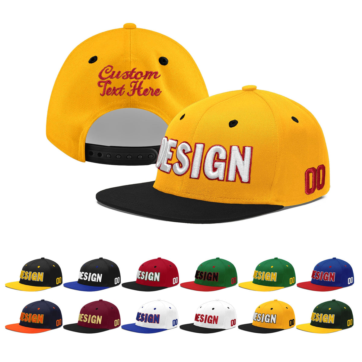 Custom Gold Black 3D Puff Embroidery Flat Embroidery Casual Sport Baseball Cap