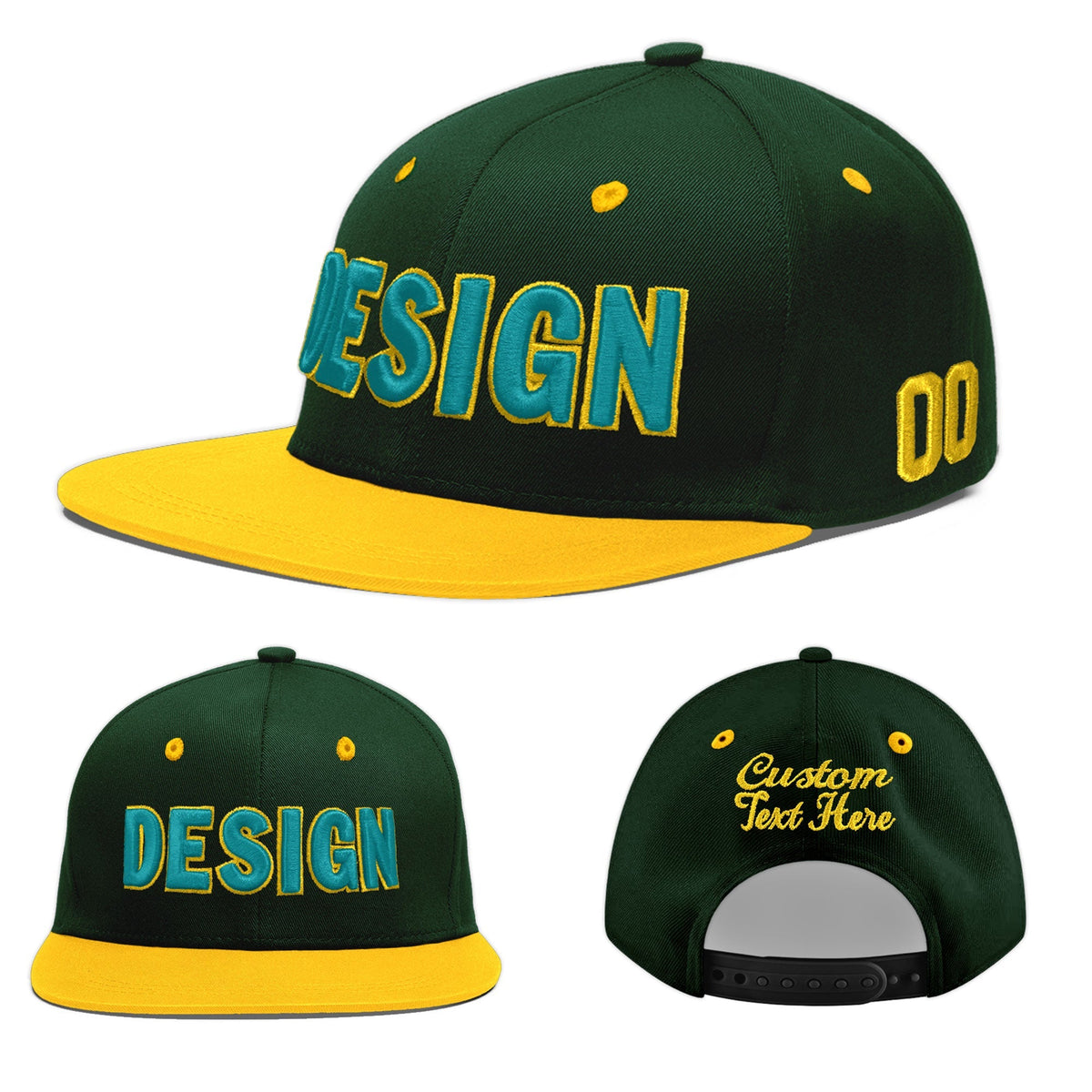 Custom Green Gold 3D Puff Embroidery Flat Embroidery Casual Sport Baseball Cap