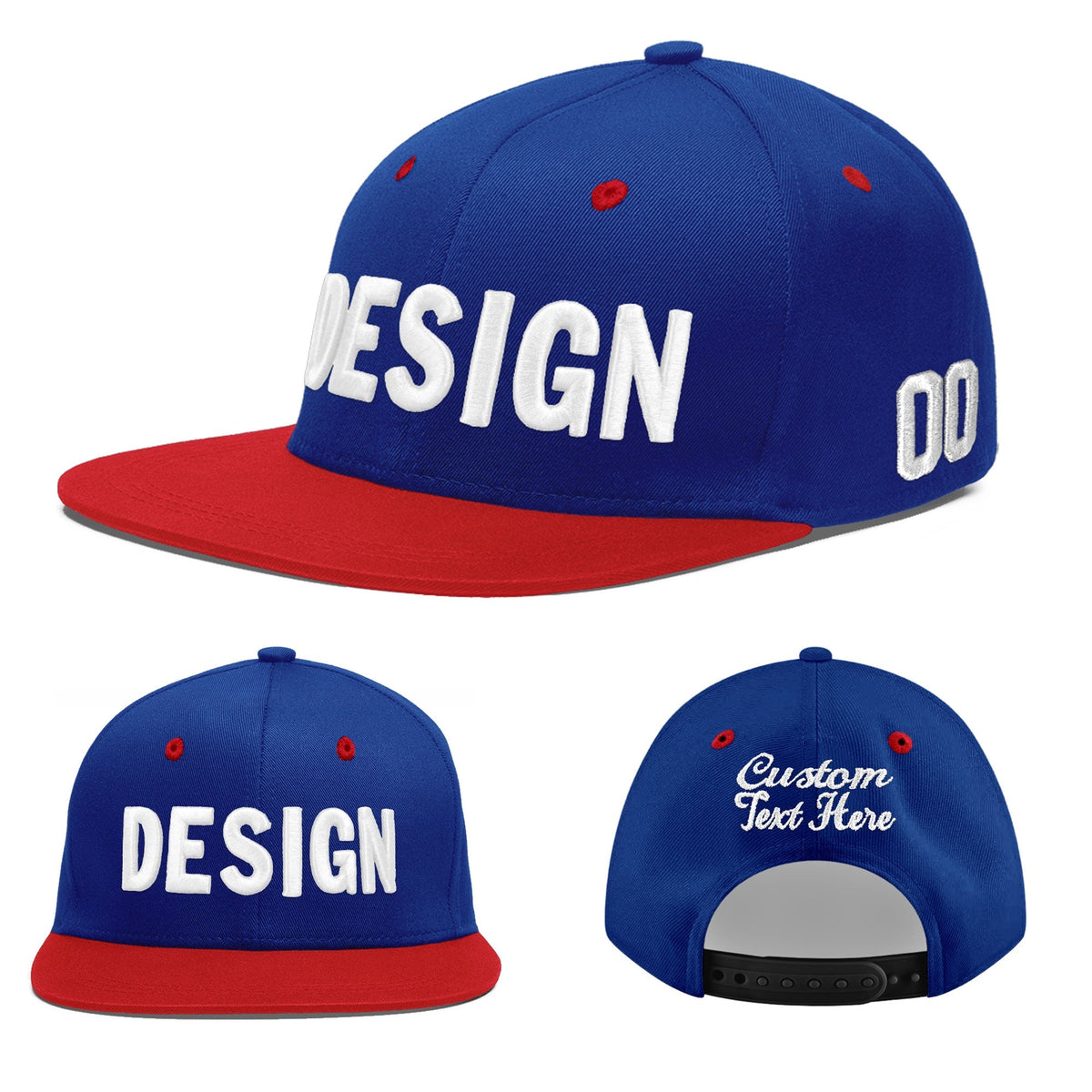 Custom Royal Blue Red 3D Puff Embroidery Flat Embroidery Casual Sport Baseball Cap