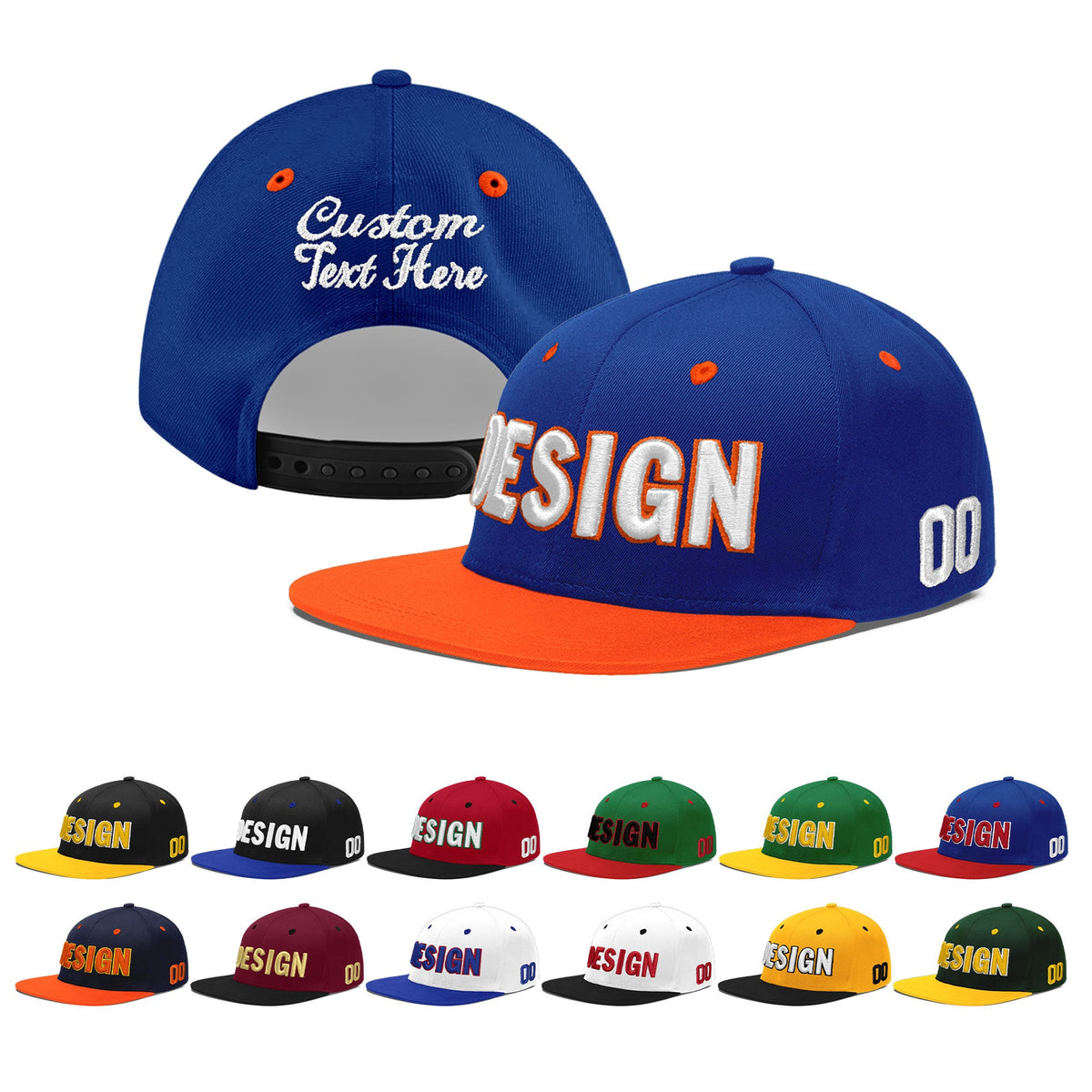 Custom Royal Blue Orange 3D Puff Embroidery Flat Embroidery Casual Sport Baseball Cap