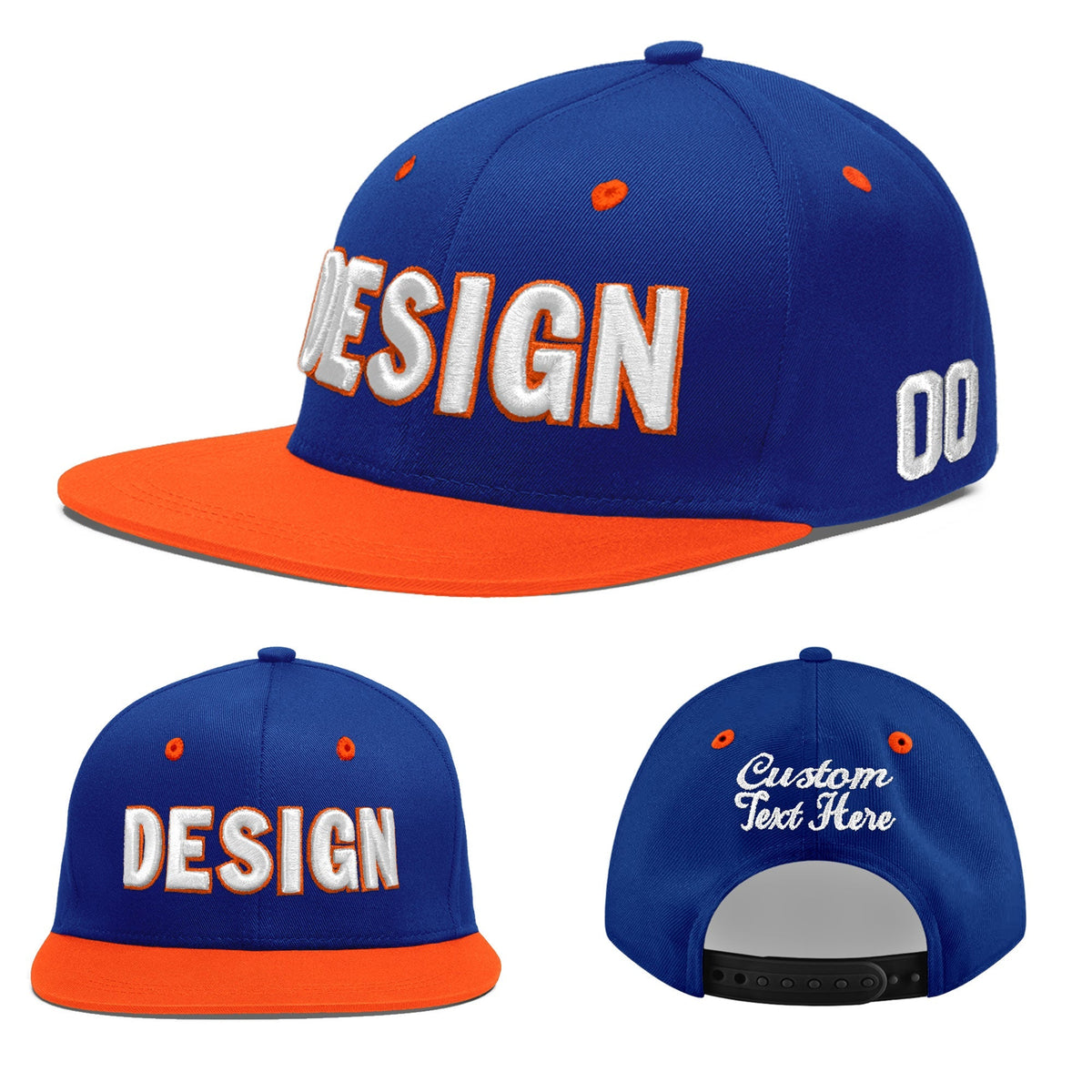 Custom Royal Blue Orange 3D Puff Embroidery Flat Embroidery Casual Sport Baseball Cap