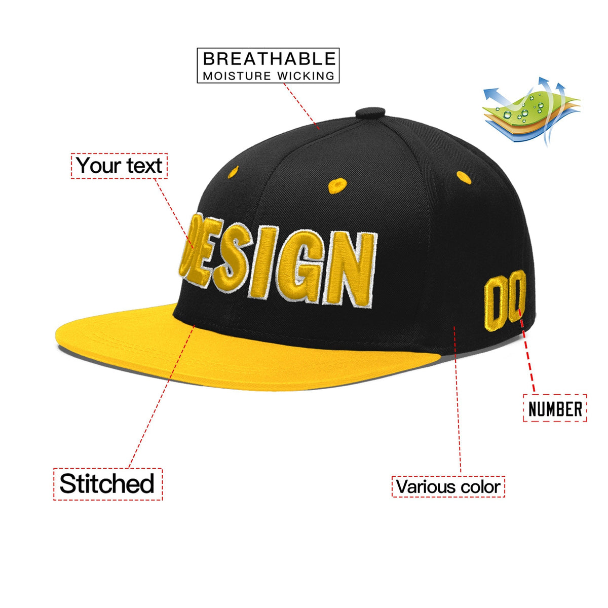 Custom Black Gold 3D Puff Embroidery Flat Embroidery Casual Sport Baseball Cap