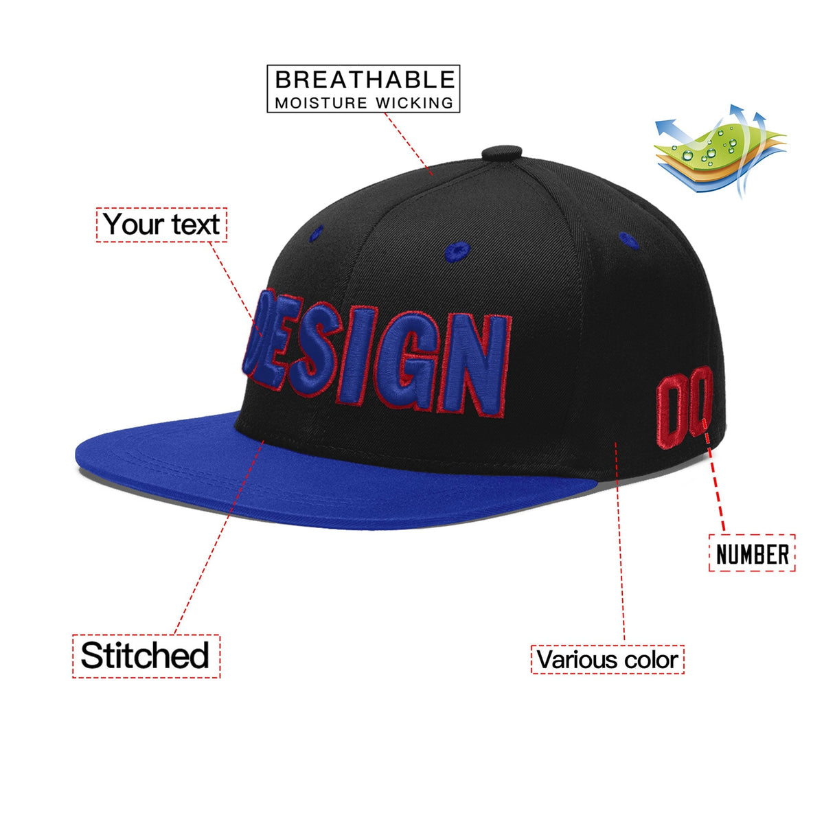 Custom Black Royal Blue 3D Puff Embroidery Flat Embroidery Casual Sport Baseball Cap