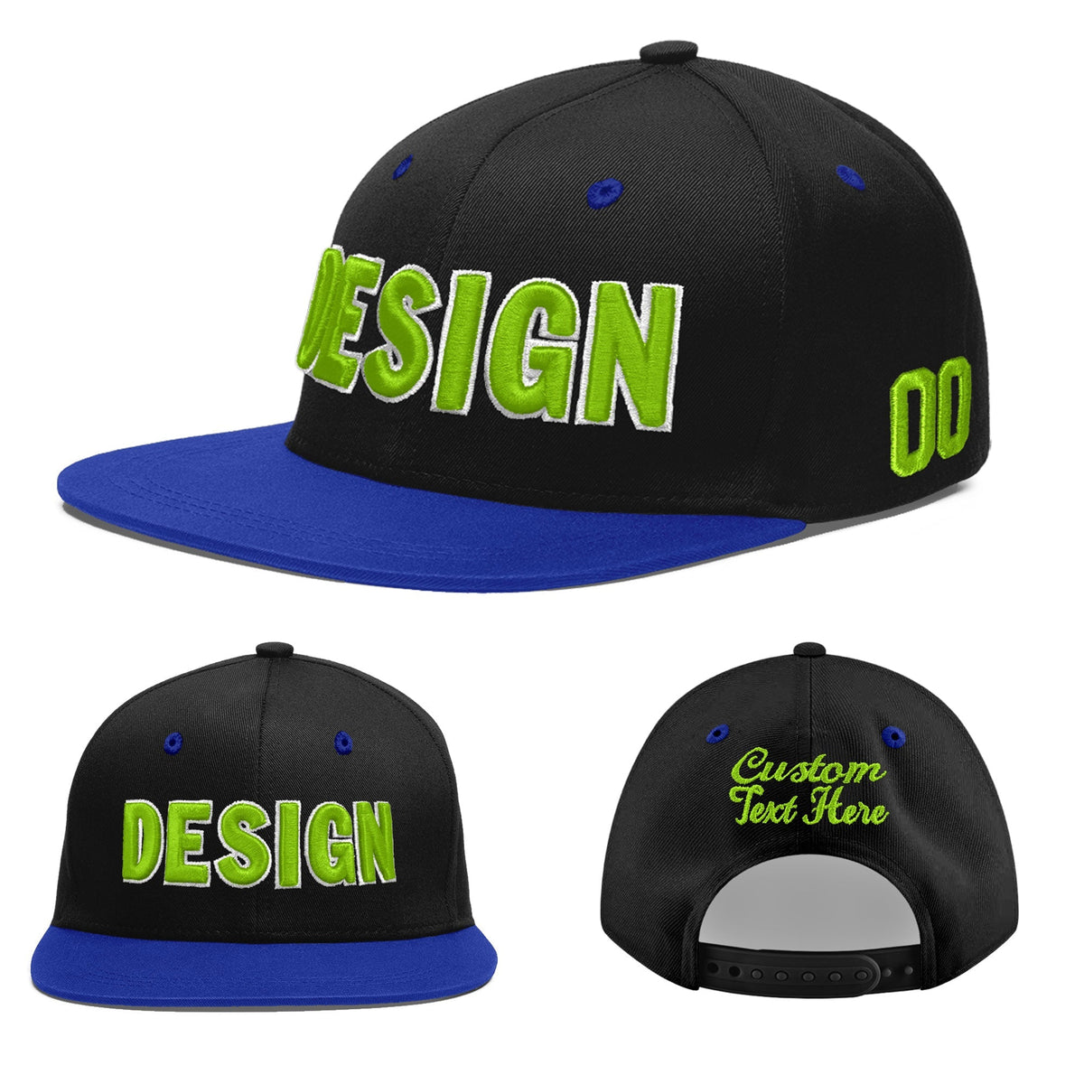 Custom Black Royal Blue 3D Puff Embroidery Flat Embroidery Casual Sport Baseball Cap