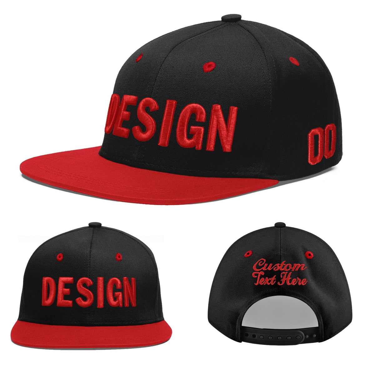 Custom Black Red 3D Puff Embroidery Flat Embroidery Casual Sport Baseball Cap