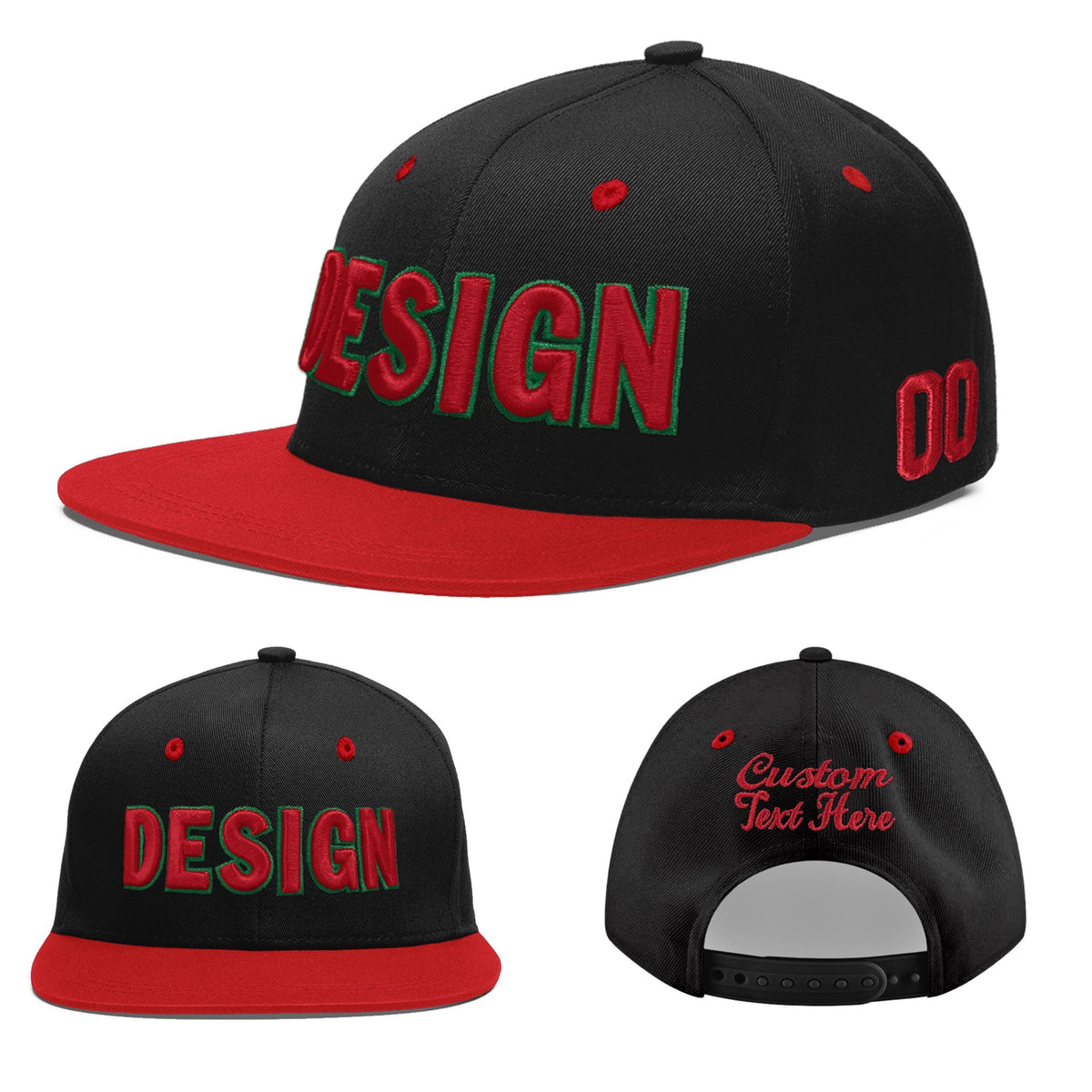 Custom Black Red 3D Puff Embroidery Flat Embroidery Casual Sport Baseball Cap