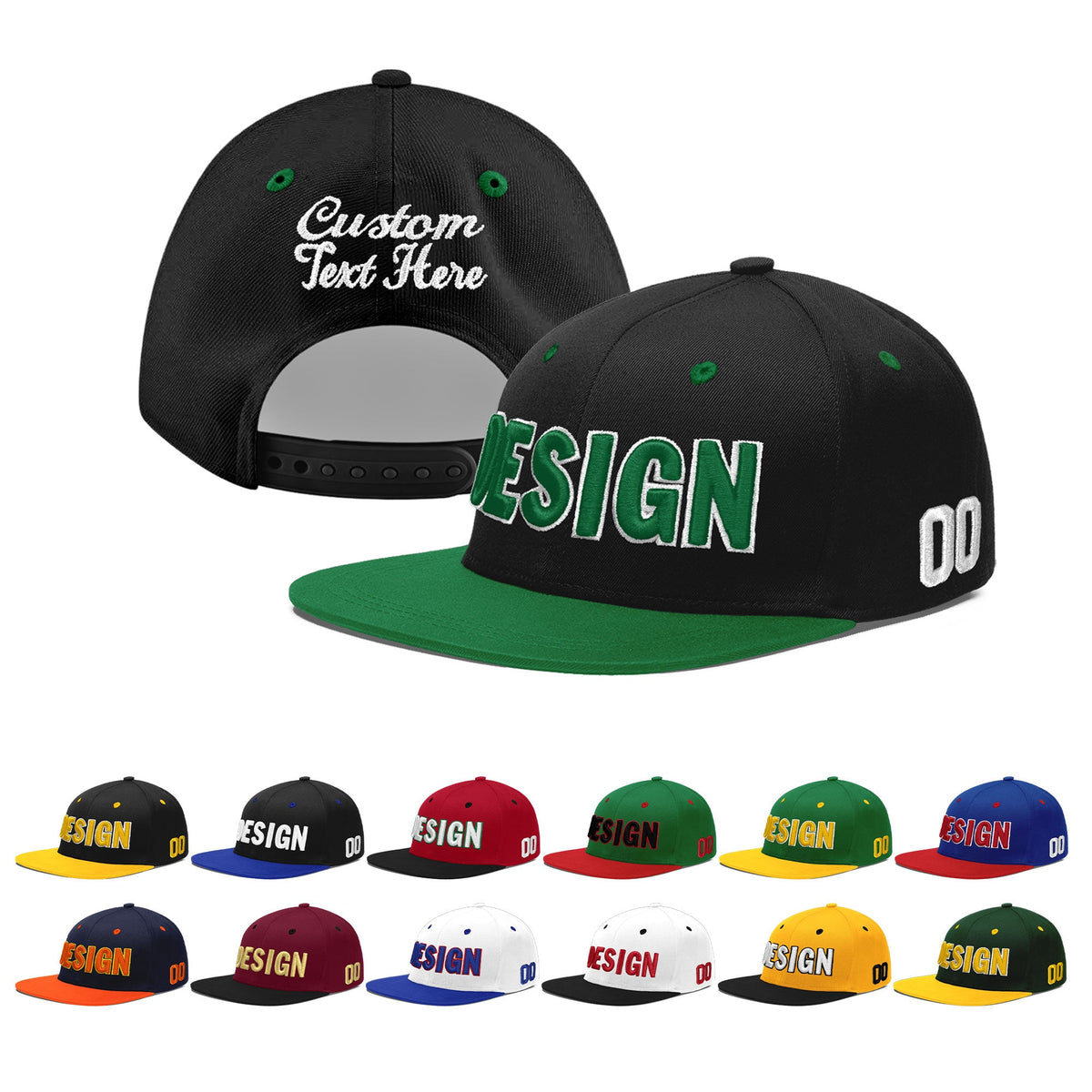 Custom Black Kelly Green 3D Puff Embroidery Flat Embroidery Casual Sport Baseball Cap