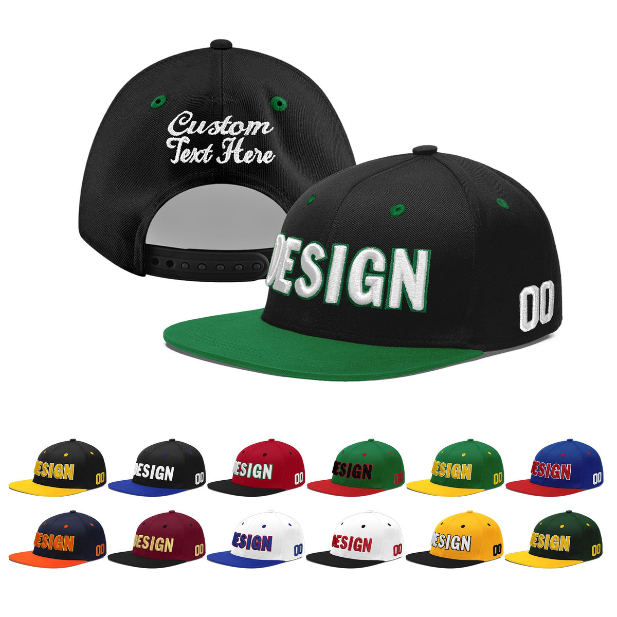 Custom Black Kelly Green 3D Puff Embroidery Flat Embroidery Casual Sport Baseball Cap