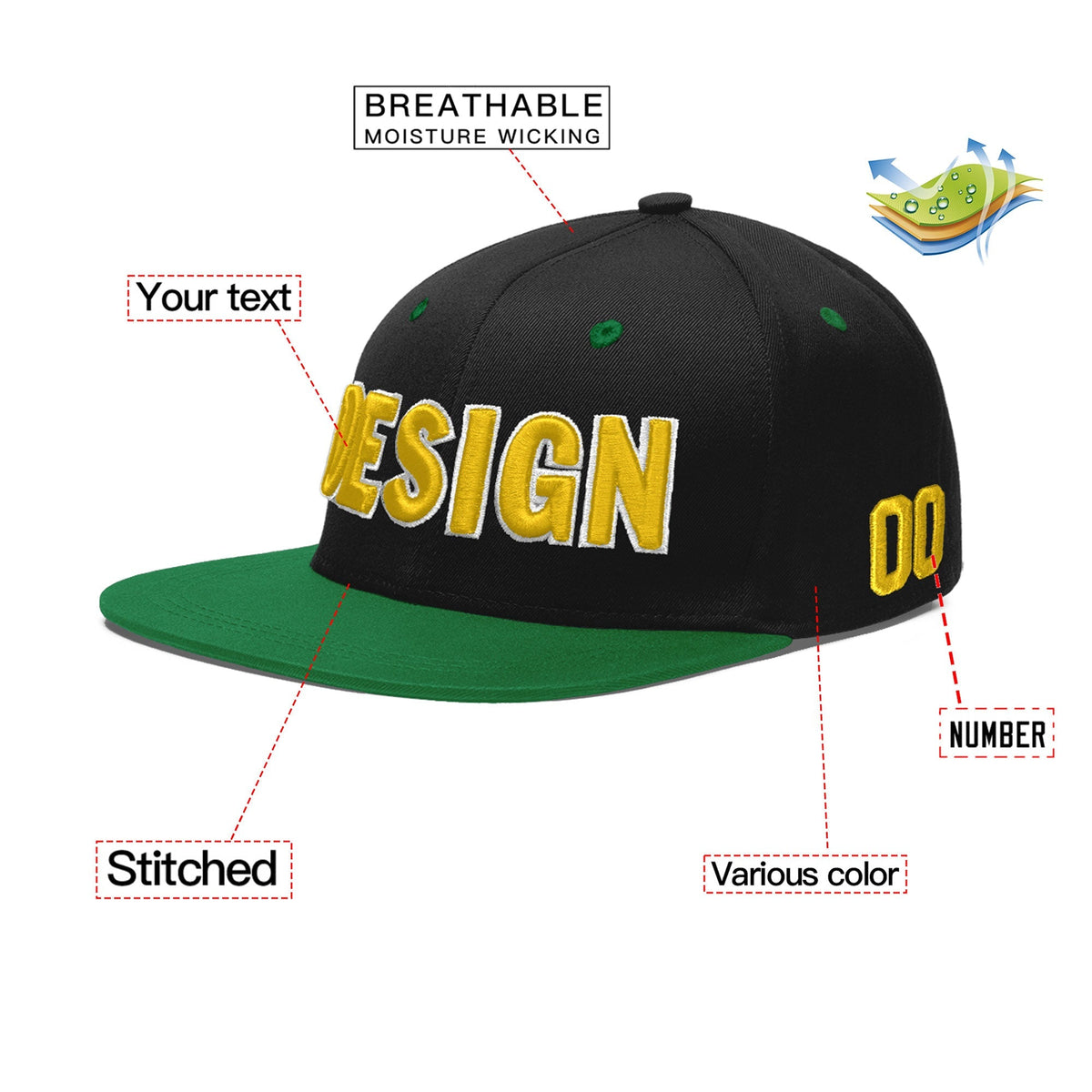 Custom Black Kelly Green 3D Puff Embroidery Flat Embroidery Casual Sport Baseball Cap