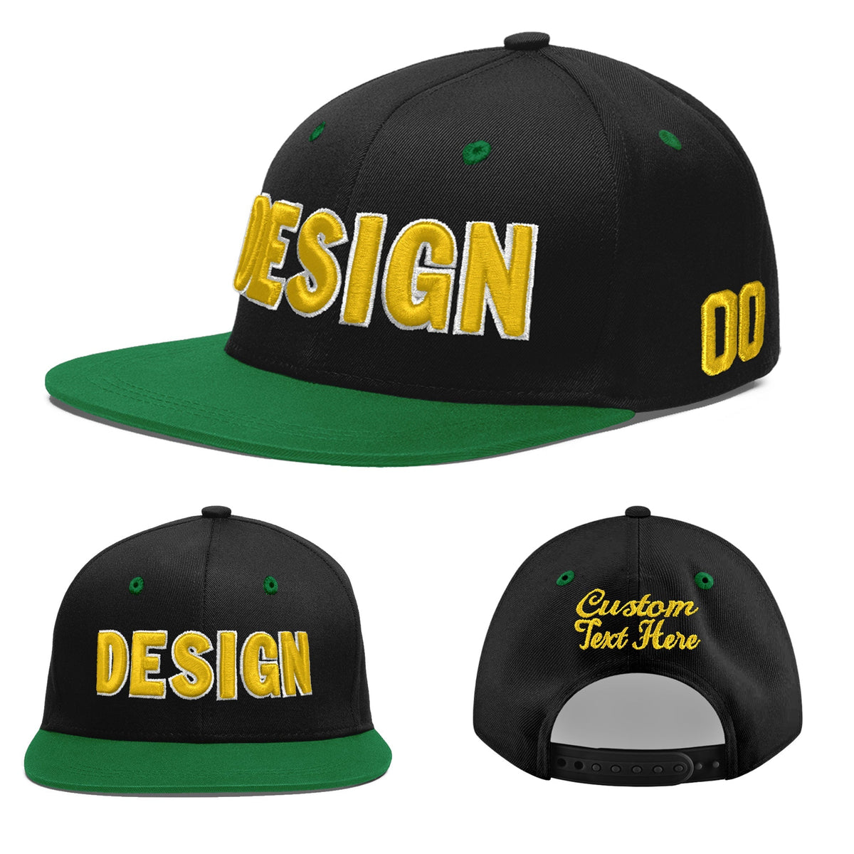 Custom Black Kelly Green 3D Puff Embroidery Flat Embroidery Casual Sport Baseball Cap