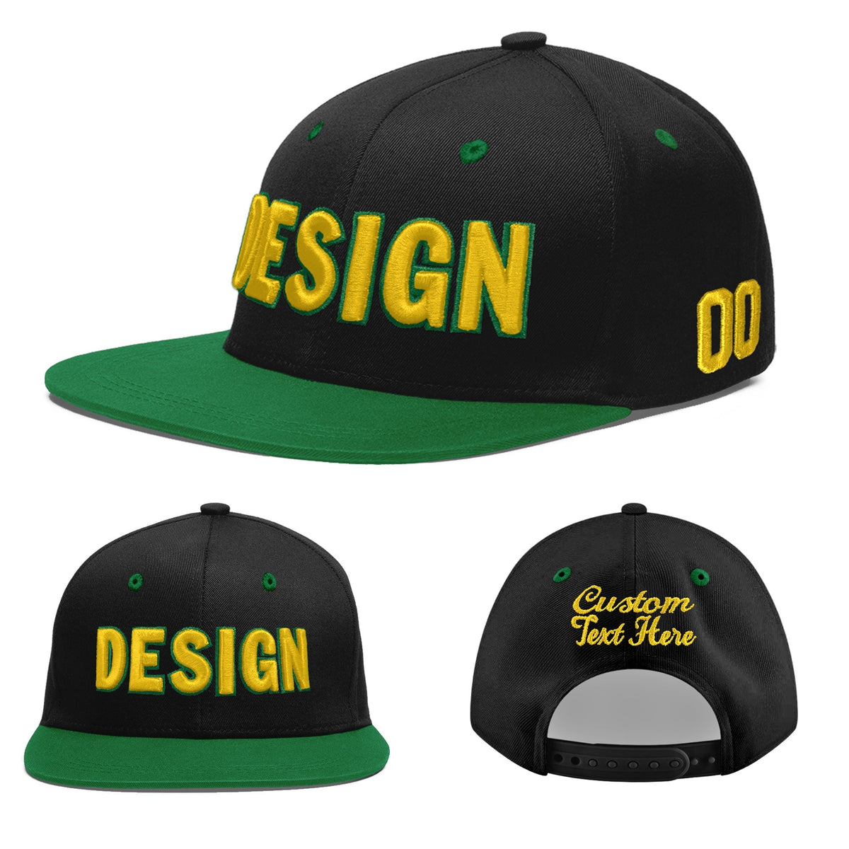 Custom Black Kelly Green 3D Puff Embroidery Flat Embroidery Casual Sport Baseball Cap