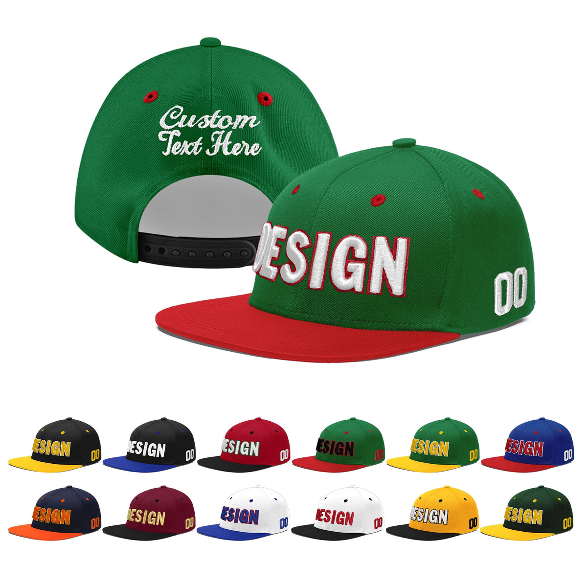 Custom Kelly Green Red 3D Puff Embroidery Flat Embroidery Casual Sport Baseball Cap
