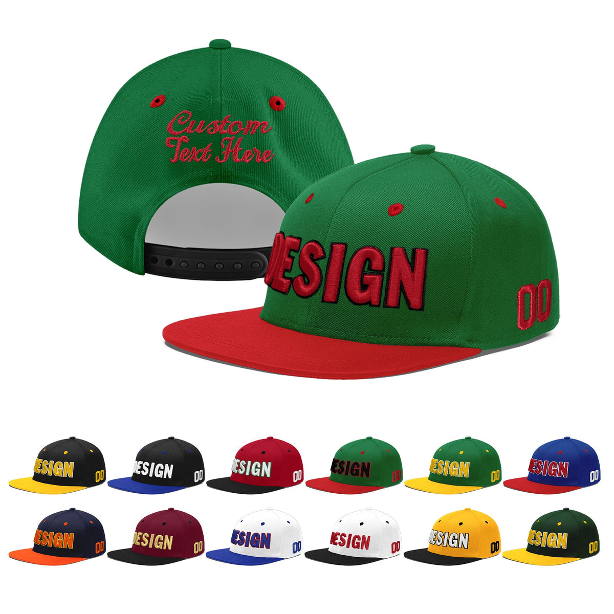 Custom Kelly Green Red 3D Puff Embroidery Flat Embroidery Casual Sport Baseball Cap