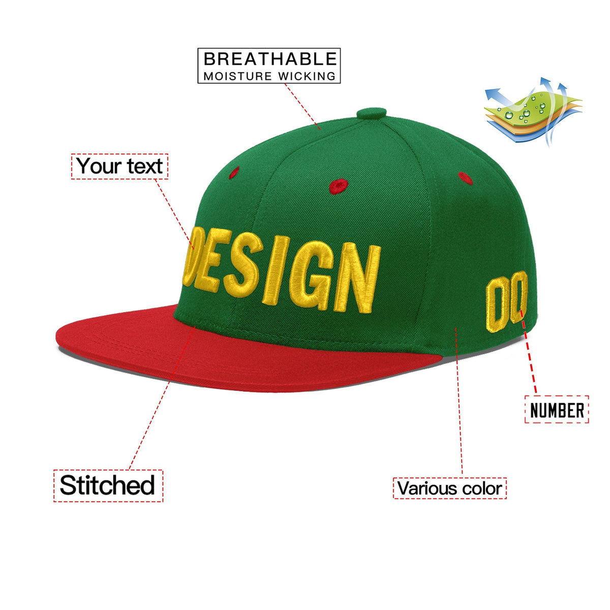 Custom Kelly Green Red 3D Puff Embroidery Flat Embroidery Casual Sport Baseball Cap