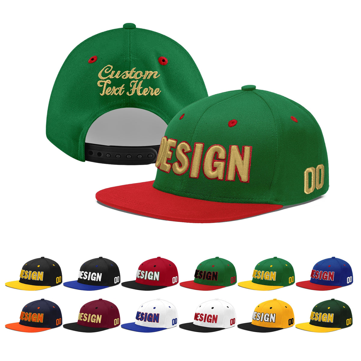 Custom Kelly Green Red 3D Puff Embroidery Flat Embroidery Casual Sport Baseball Cap