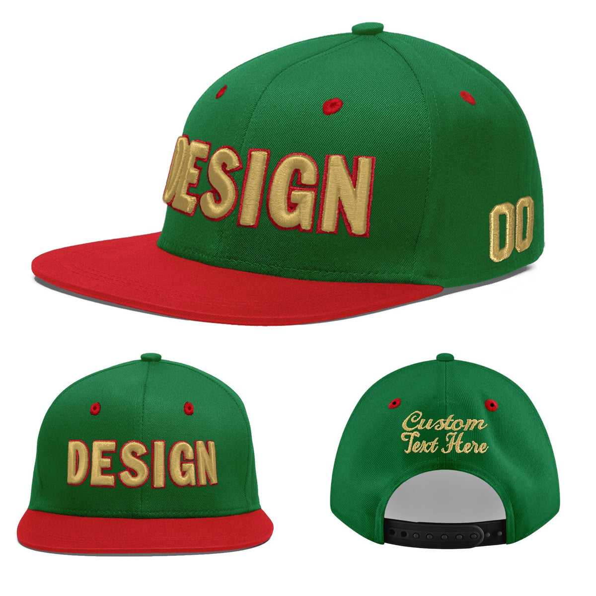 Custom Kelly Green Red 3D Puff Embroidery Flat Embroidery Casual Sport Baseball Cap
