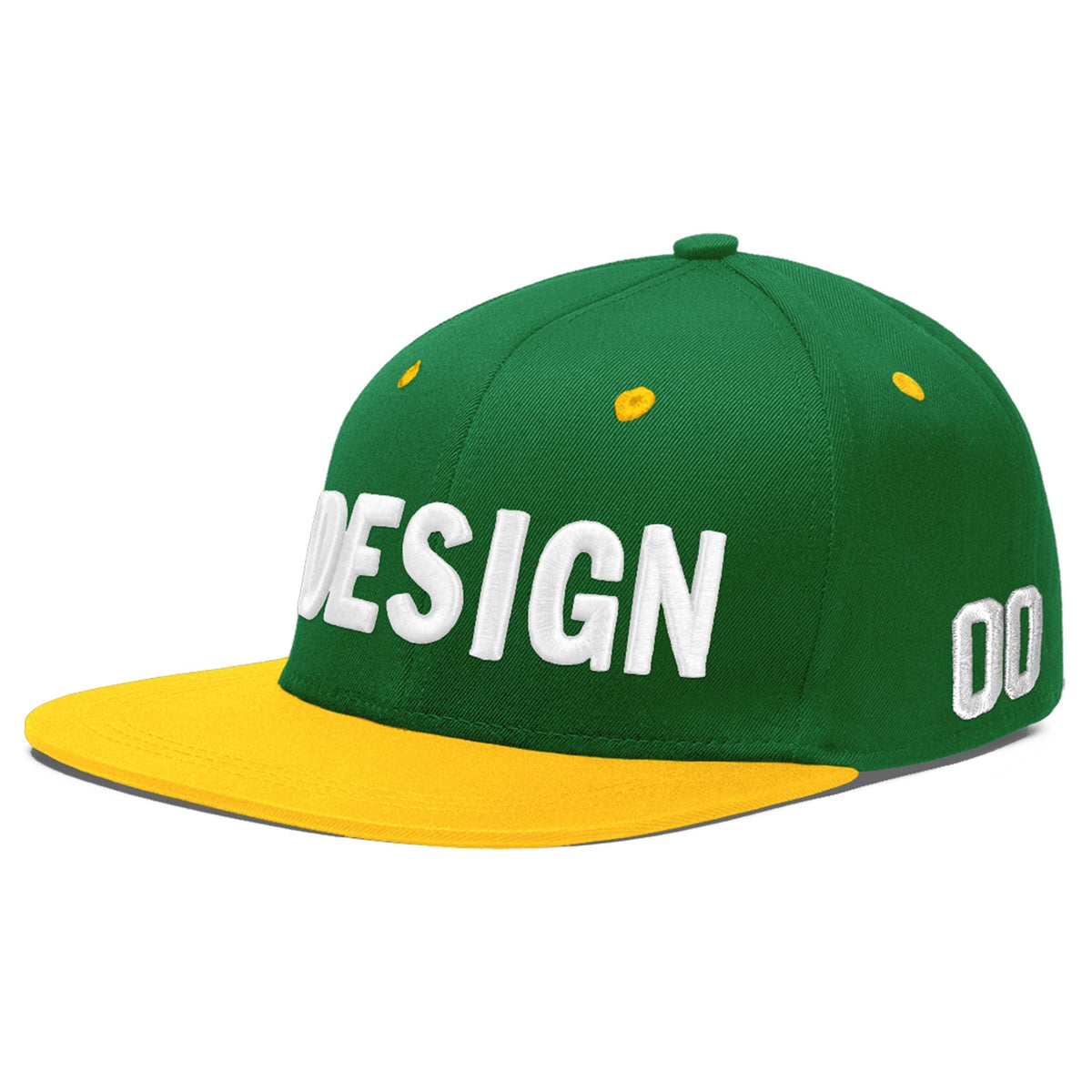 Custom Kelly Green Gold 3D Puff Embroidery Flat Embroidery Casual Sport Baseball Cap