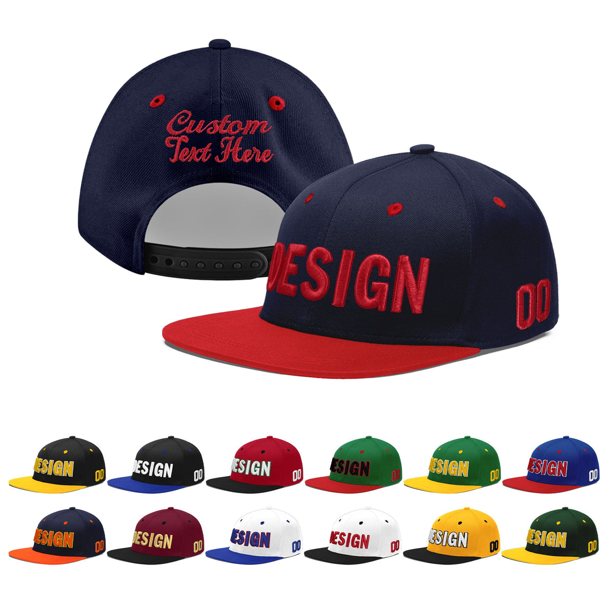 Custom Navy Red 3D Puff Embroidery Flat Embroidery Casual Sport Baseball Cap