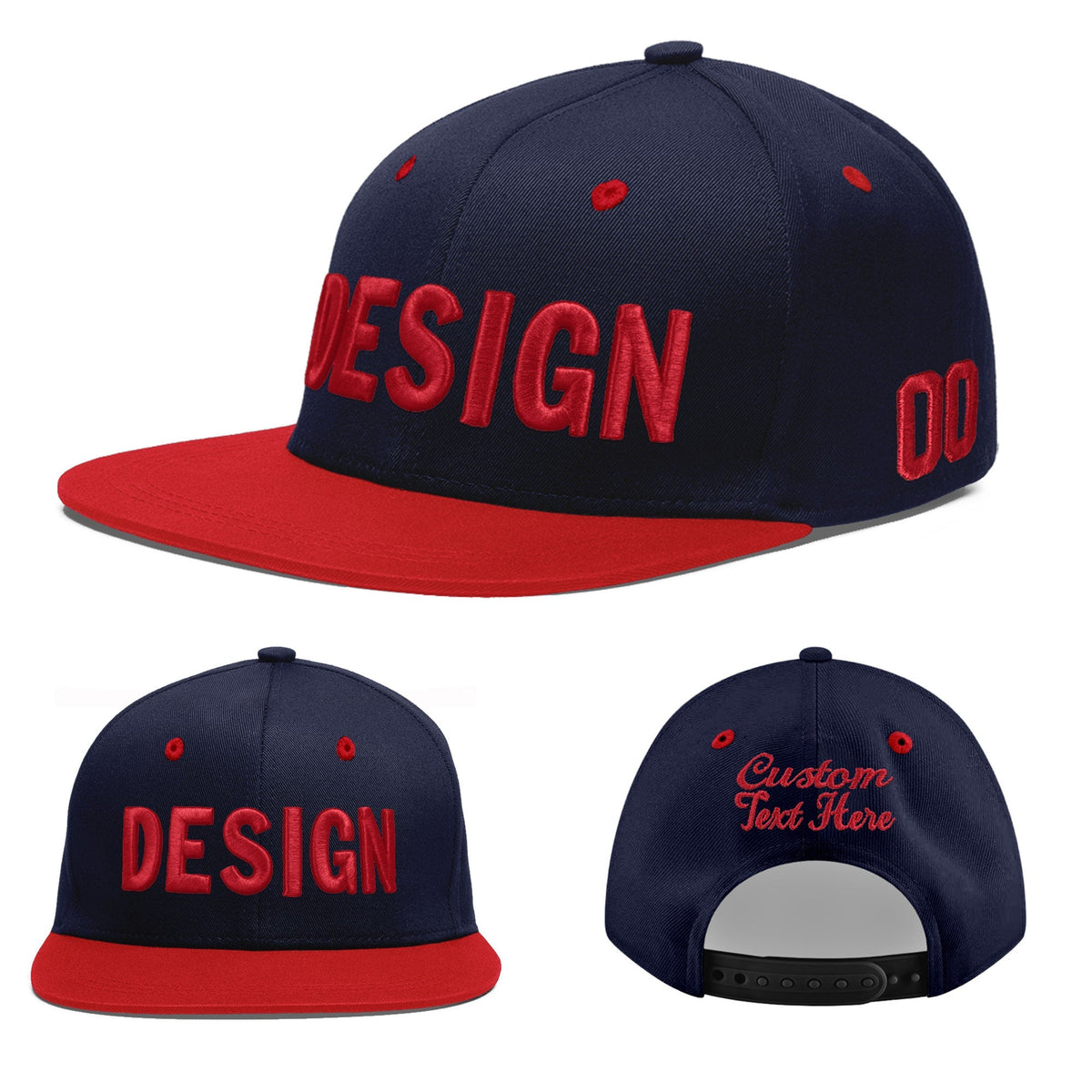 Custom Navy Red 3D Puff Embroidery Flat Embroidery Casual Sport Baseball Cap