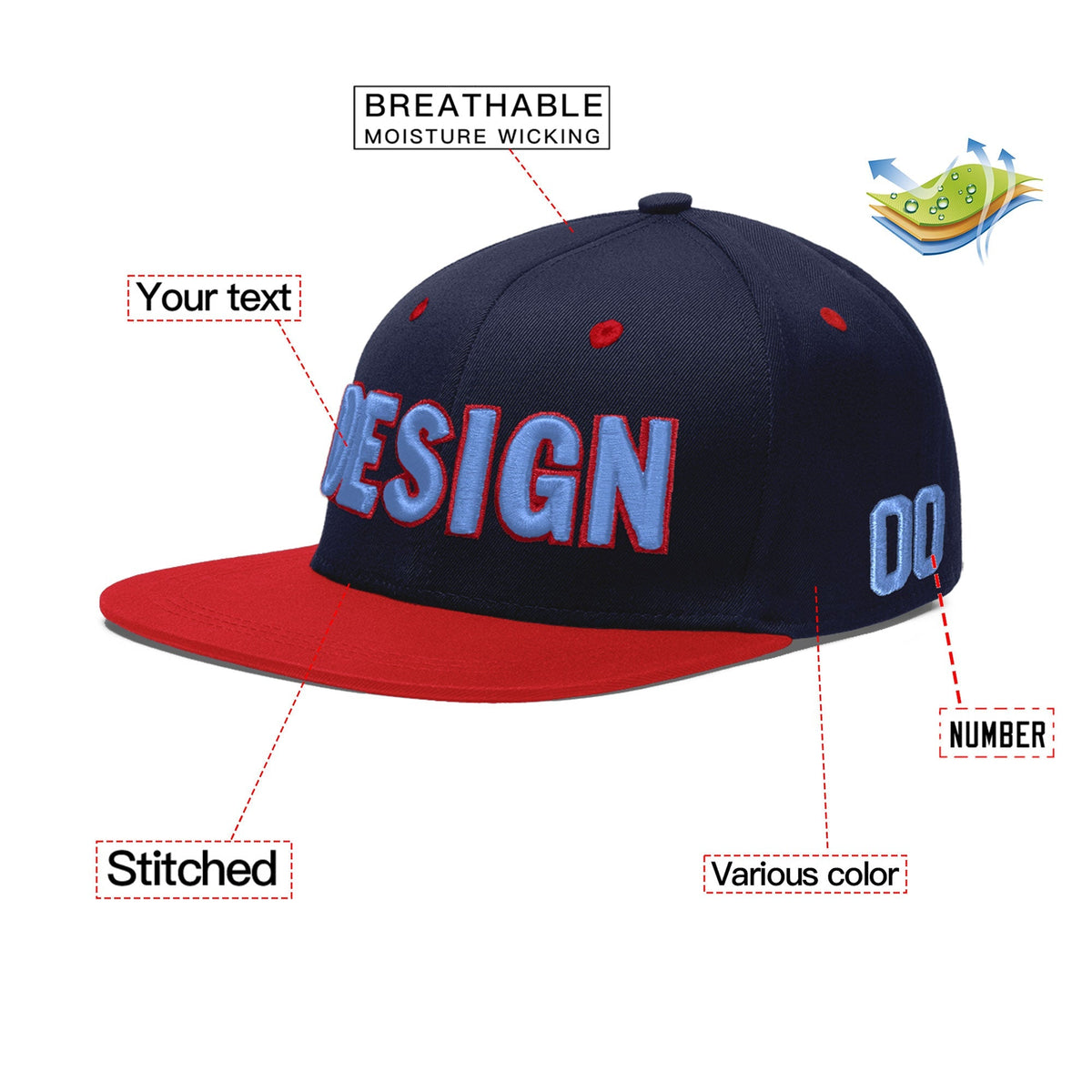 Custom Navy Red 3D Puff Embroidery Flat Embroidery Casual Sport Baseball Cap