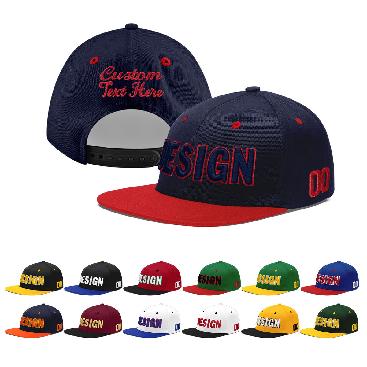 Custom Navy Red 3D Puff Embroidery Flat Embroidery Casual Sport Baseball Cap