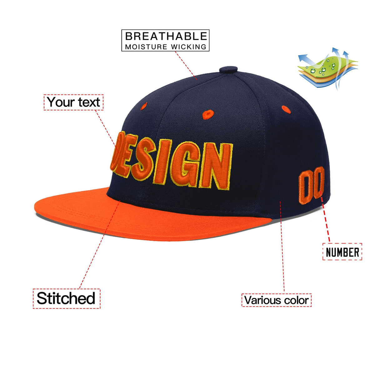Custom Navy Orange 3D Puff Embroidery Flat Embroidery Casual Sport Baseball Cap