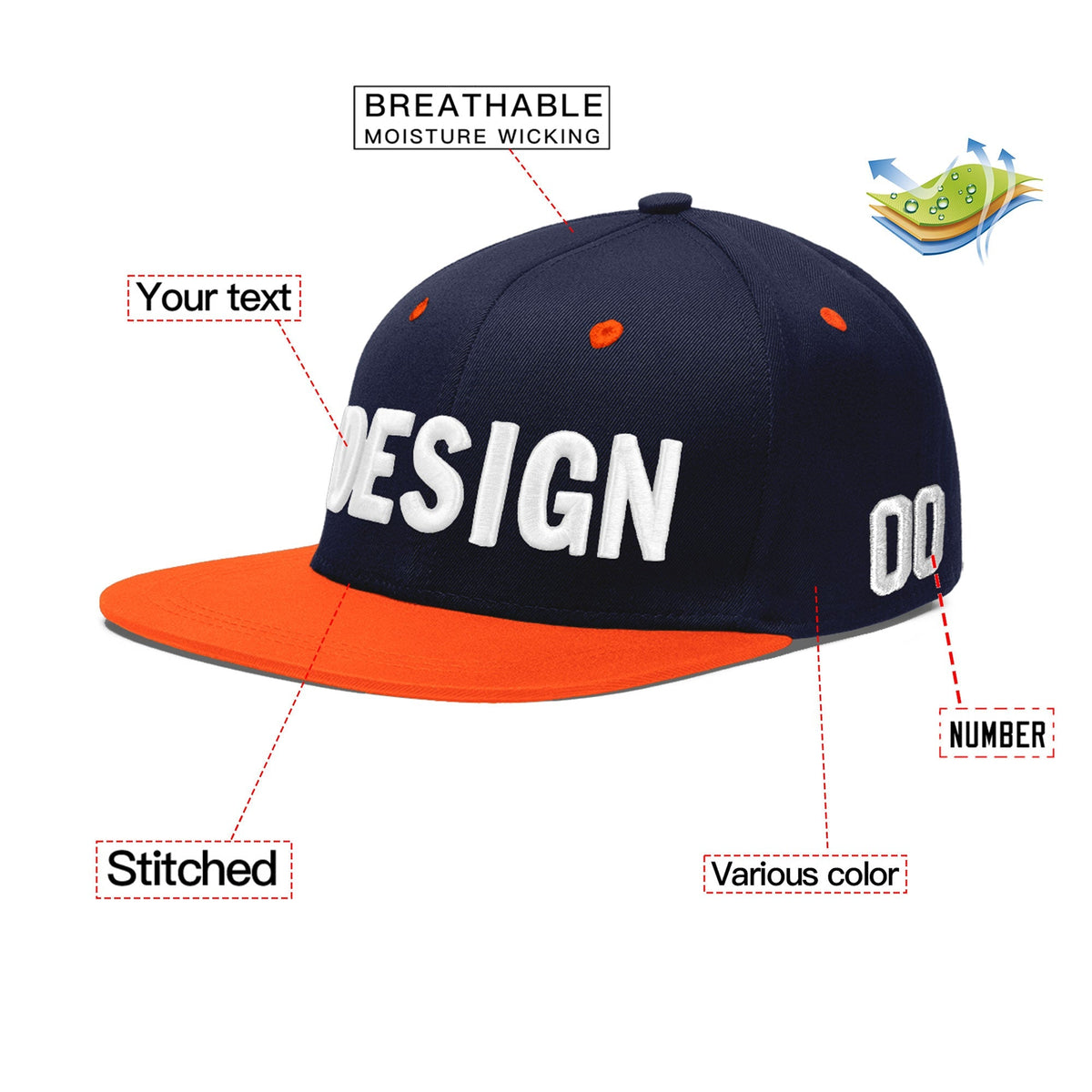 Custom Navy Orange 3D Puff Embroidery Flat Embroidery Casual Sport Baseball Cap