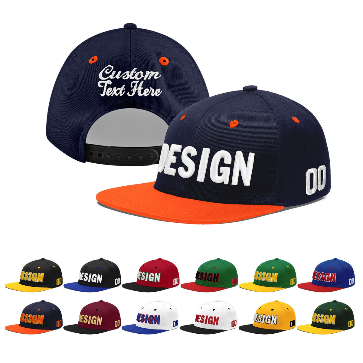 Custom Navy Orange 3D Puff Embroidery Flat Embroidery Casual Sport Baseball Cap