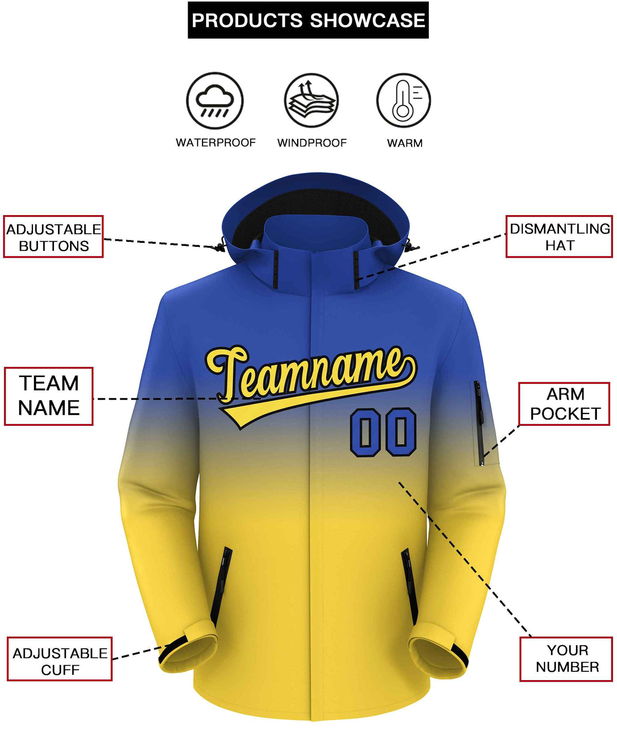 Custom Royal Yellow Gradient Fashion Outdoor Hooded Waterproof Jacket