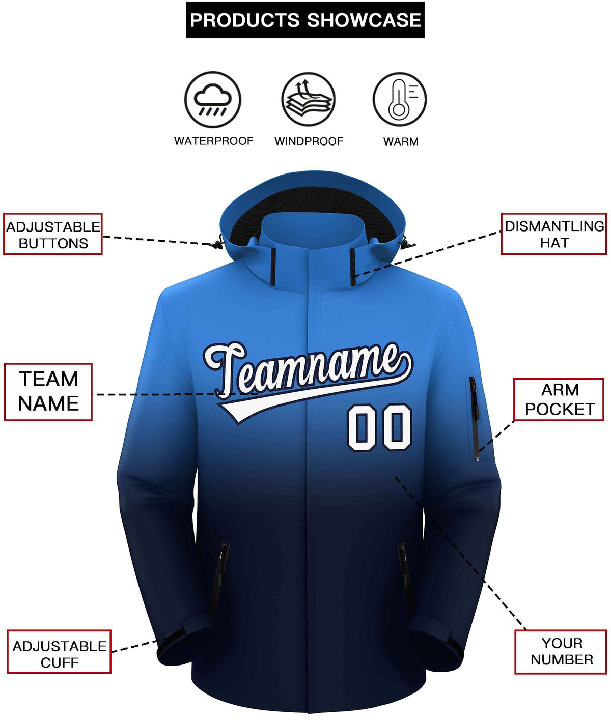 Custom Powder Blue Navy Gradient Fashion Outdoor Hooded Waterproof Jacket