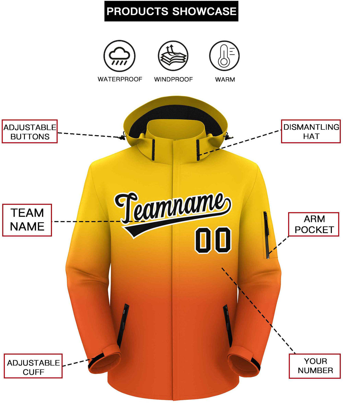 Custom Gold Orange Gradient Fashion Outdoor Hooded Waterproof Jacket