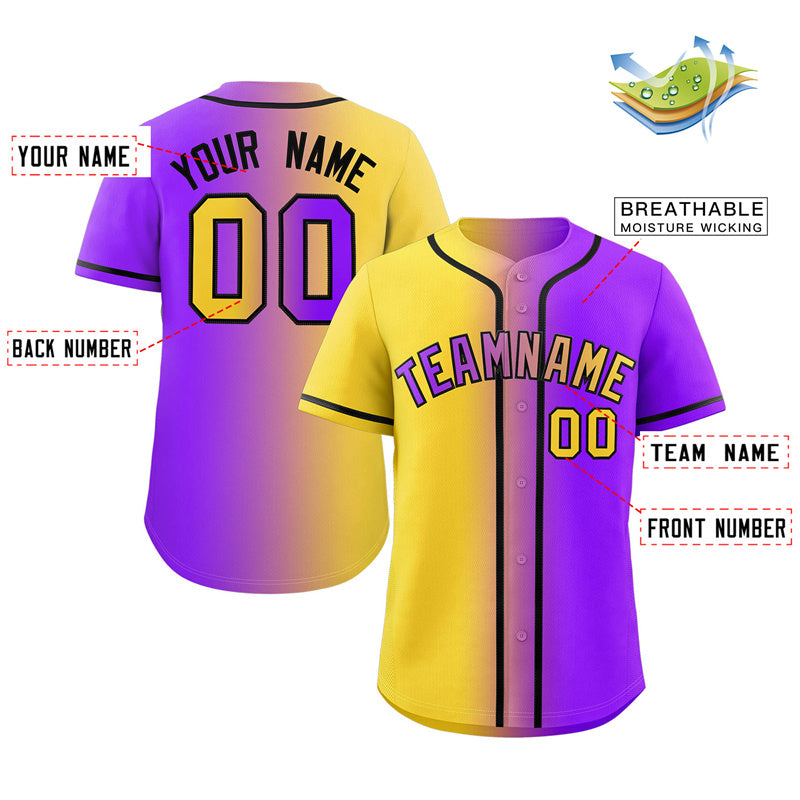 Custom Yellow Purple-Black Gradient Fashion Authentic Baseball Jersey