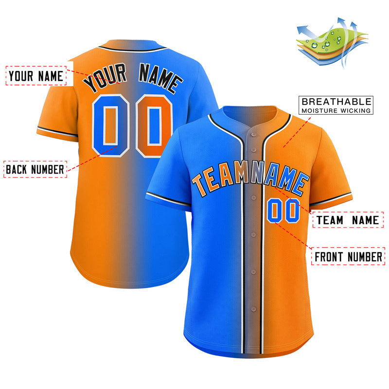 Custom Powder Blue Orange-Black Gradient Fashion Authentic Baseball Jersey