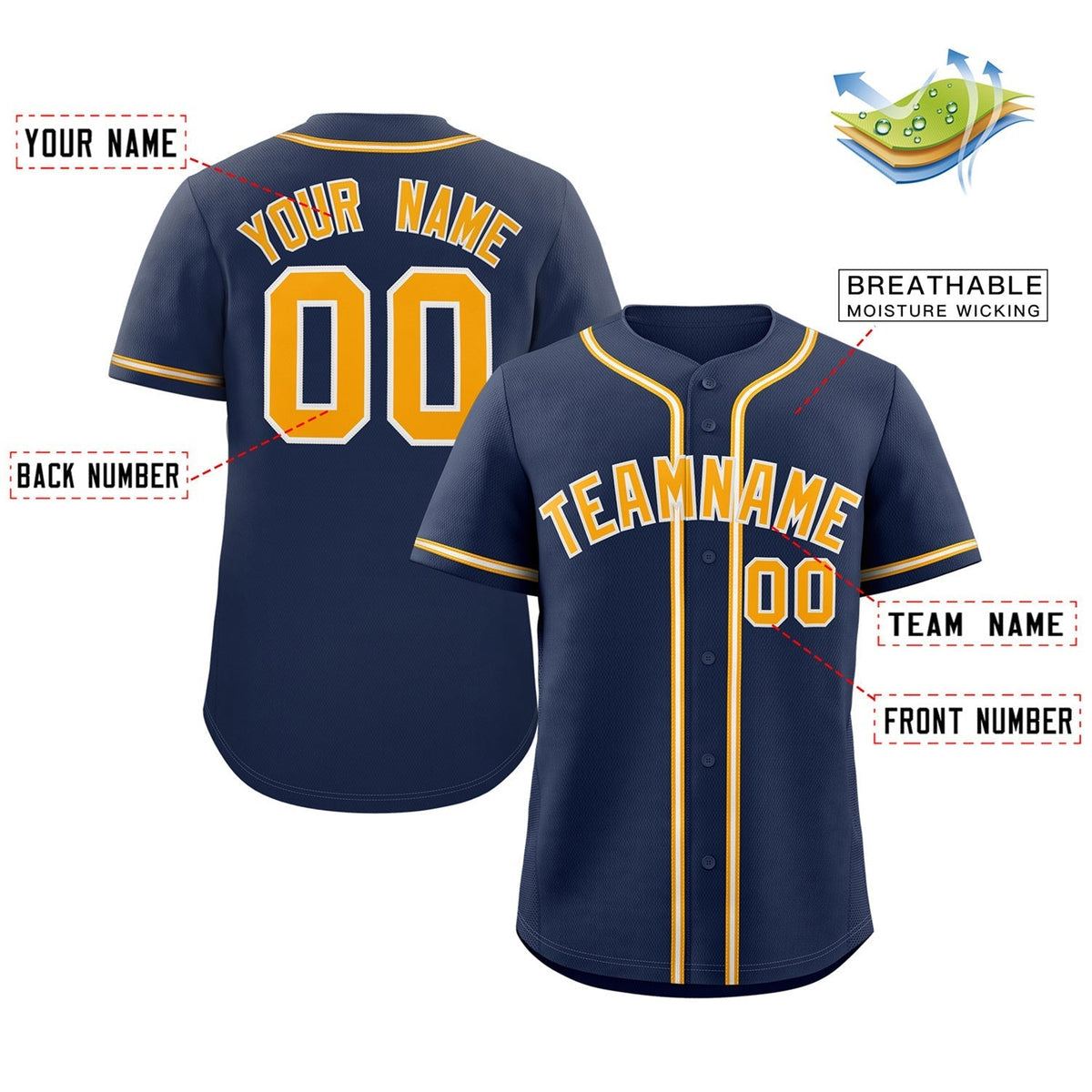 Custom Navy Yellow-White Classic Style Authentic Baseball Jersey
