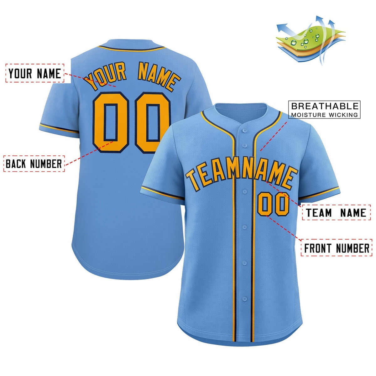 Custom Light Blue Yellow-White Classic Style Authentic Baseball Jersey