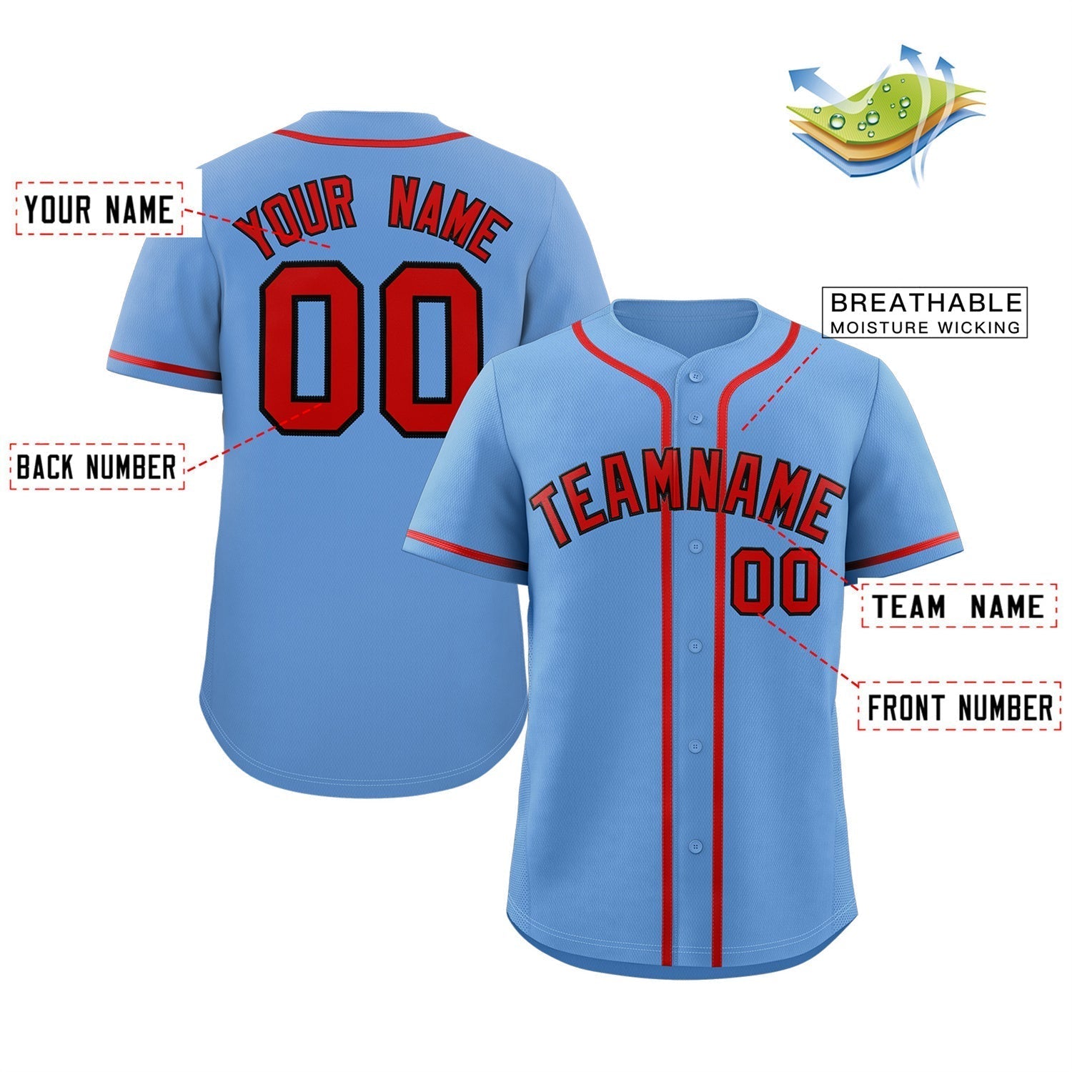 Custom Light Blue Red-Black Classic Style Authentic Baseball Jersey